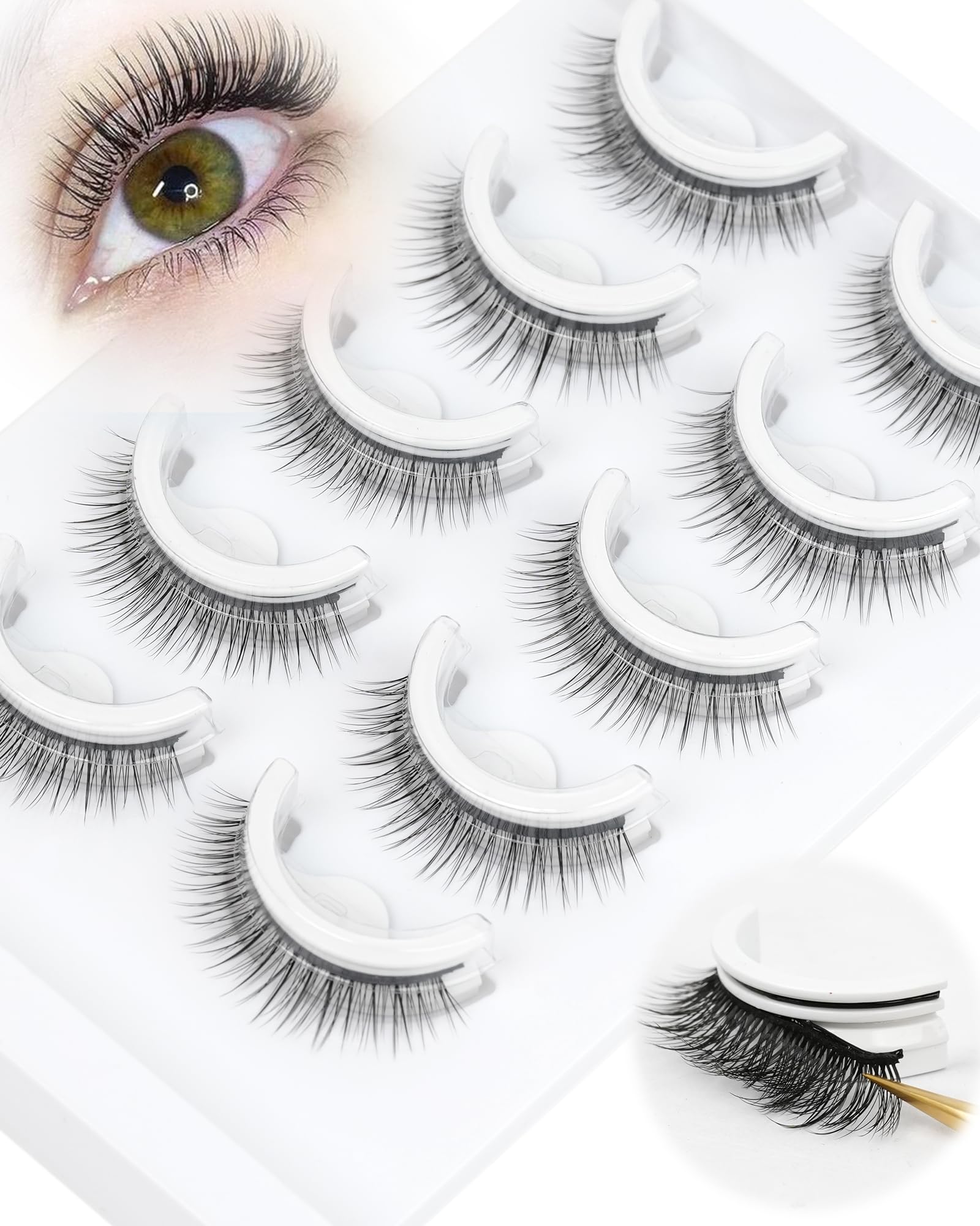 Obeyalash Waterproof Reusable Self Adhesive Eyelashes Natural Look,Doll Eye 10mm, 5 Pairs Stick on False Eyelashes,Pestañas Postizas Naturales,Pre Glued Lashes,Press on False Lashes,Wispy Strip Lashes