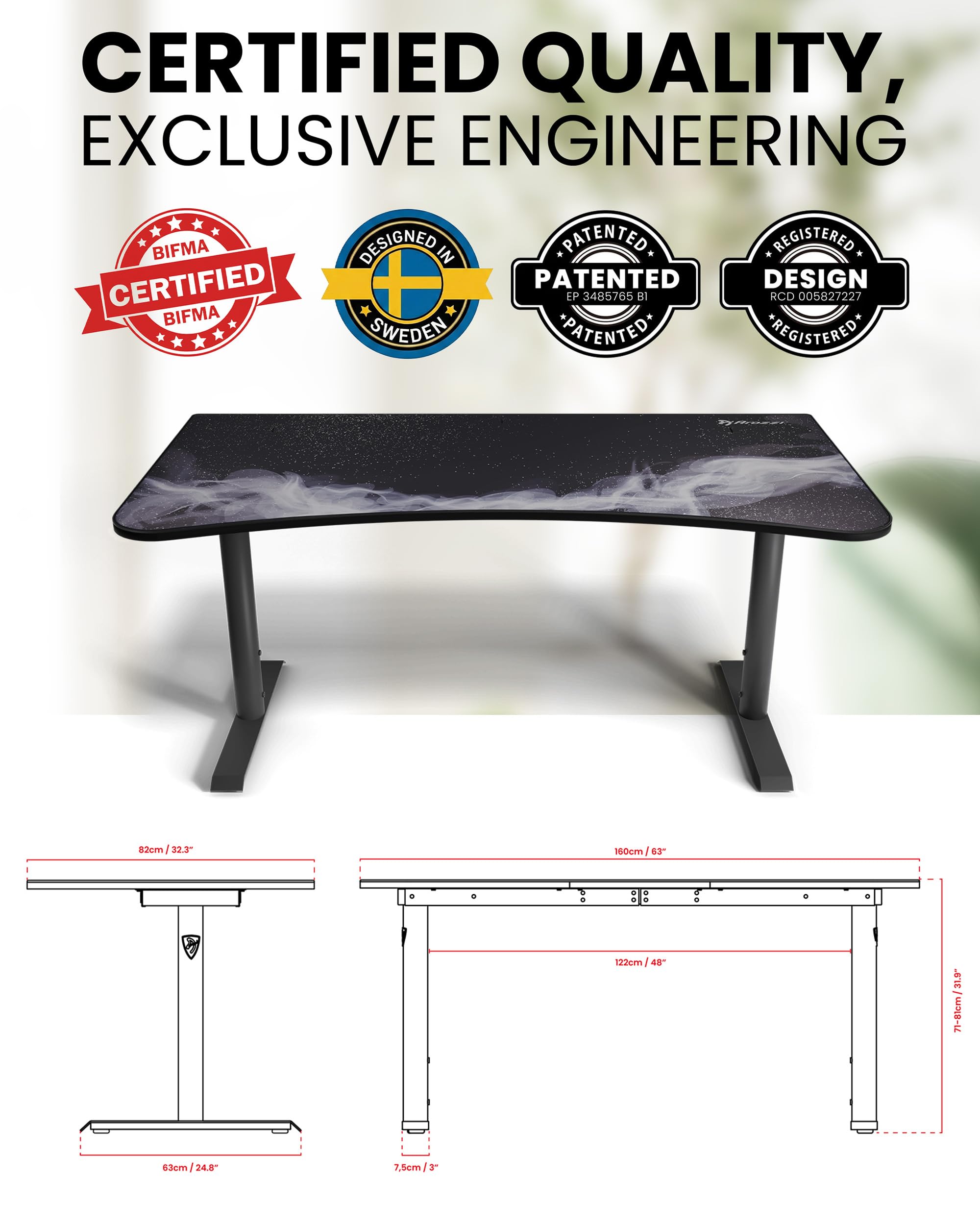 Arozzi Arena Gaming Tisch - Groß 160x82cm Gaming Schreibtisch für kleine Räume - Höhenverstellbar PC Tisch mit Full-Surface Mikrofasermauspad - Kabelmanagement und stabile Stahlbeine - Gunmetal Galaxy