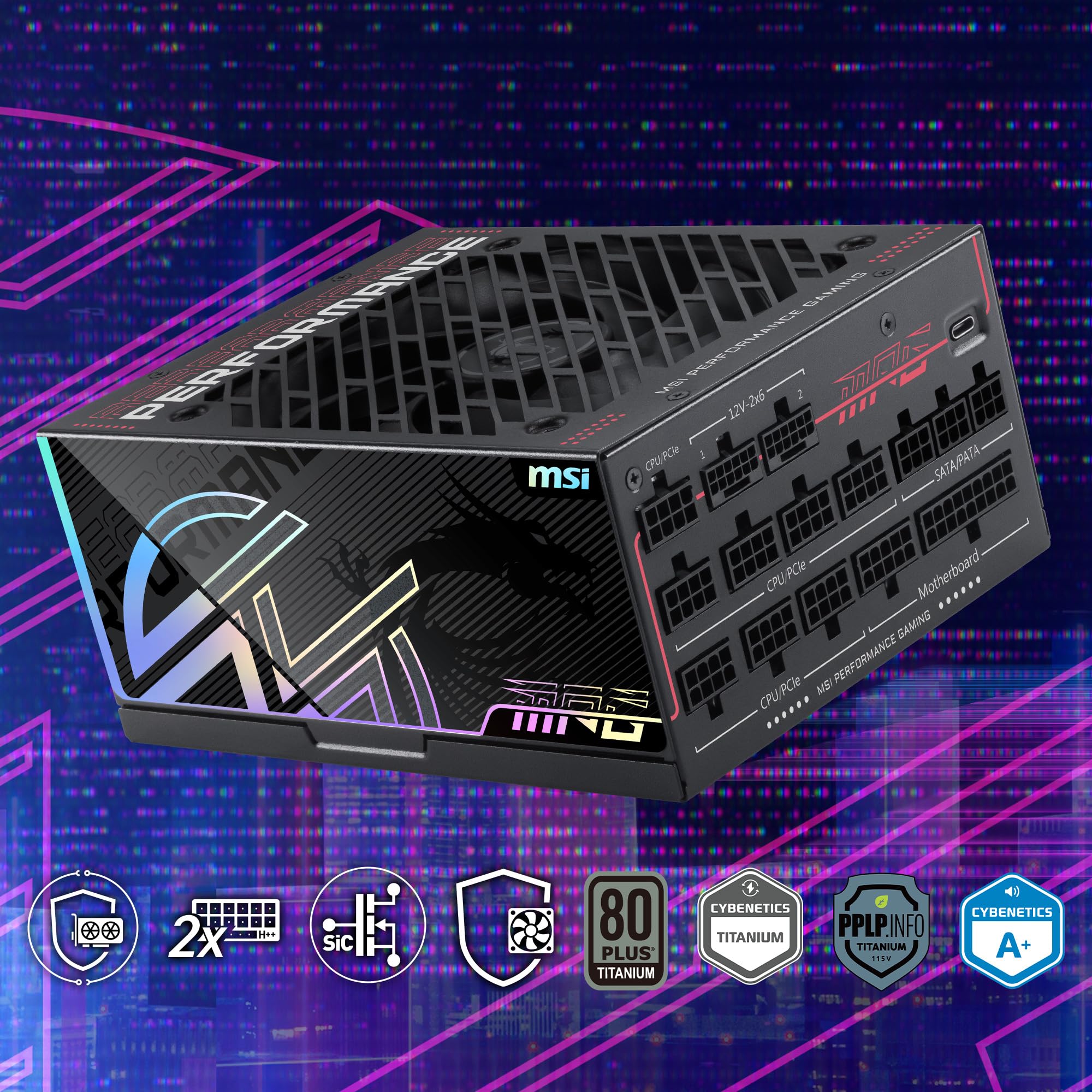 MSI MPG Ai1300TS PCIE5, Alimentation de Jeu entièrement modulaire 1300 W, 80 + Titane, Double câbles 12 V-2 x 6, GPU Safeguard+, MOSFET SiC, sécurité du Ventilateur, ATX 3.1 et PCIe 5.1, Garantie 12
