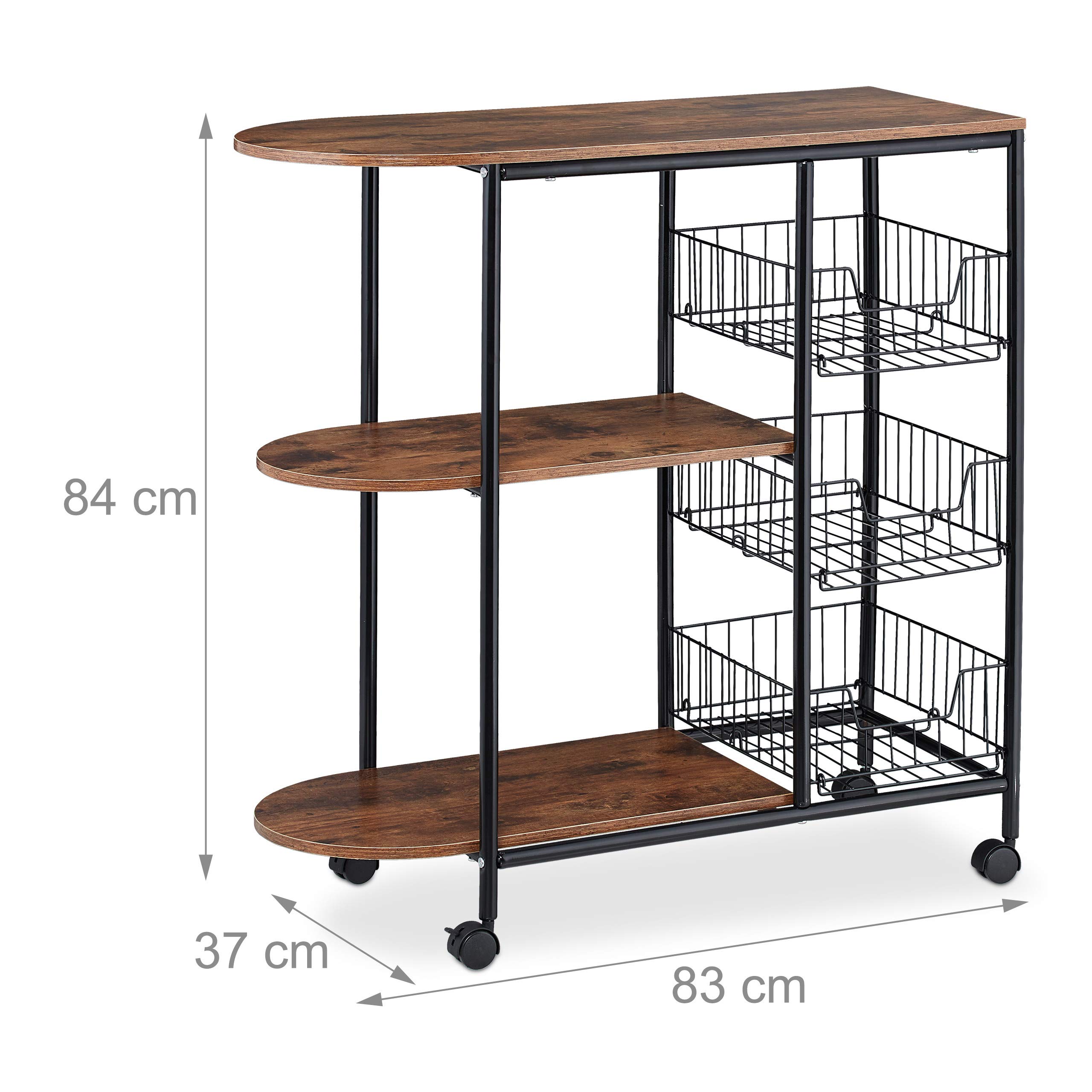 Relaxdays Chariot de Service, Cuisine,3 Supports, paniers, Industriel, métal et MDF, HlP 84x83x37 cm,Noir,Brun