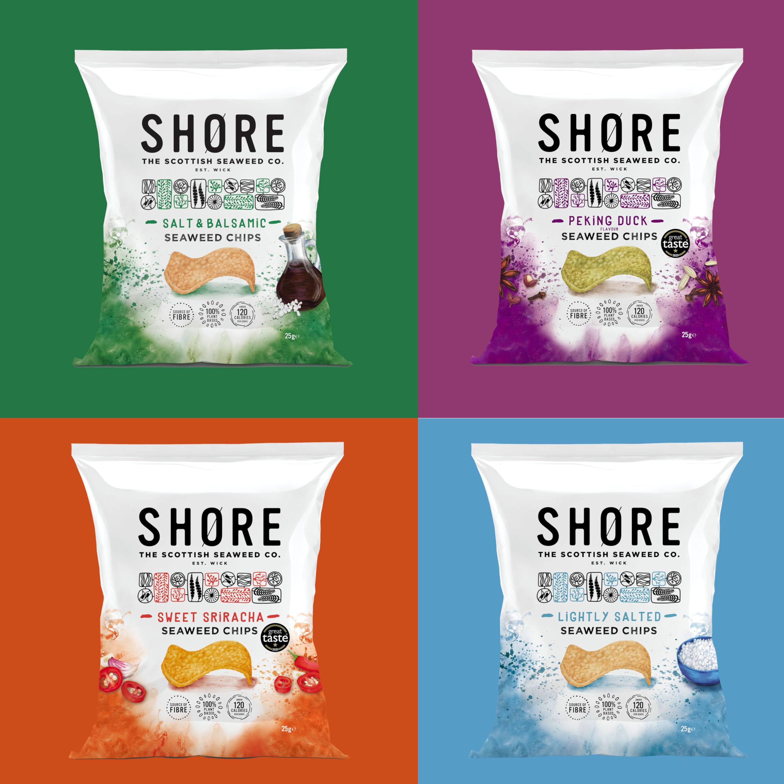 Shore Seaweed Chips Selection, New Variety Pack, 25g (Pack of 8), x2 Lightly Salted, x2 Peking Duck, x2 Salt & Balsamic, x2 Sweet Siracha, Seaweed Crisp - Low Calorie Snacks, Low Fat, Source of Fibre