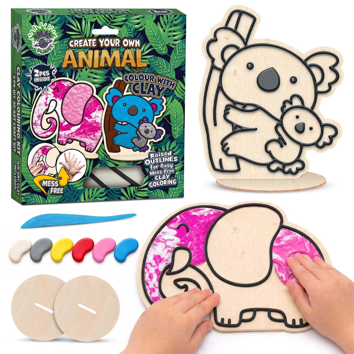 Splat Planet Animal Clay Colouring Kit for Kids – 2 PK DIY 3D Art Craft Kit with Air-Dry Clay, Mess Free Clay Colouring, Creative Kids Arts and Crafts Activity Set, Animal Craft Gift.