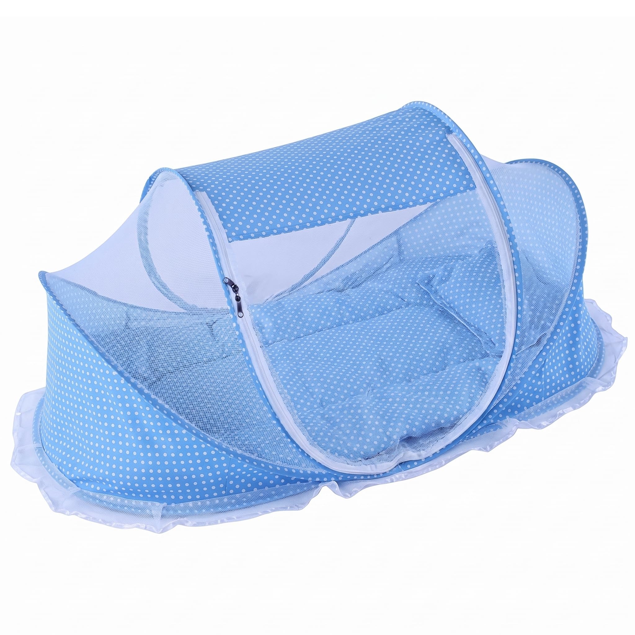Bemonew Crib Tent, Pop-Up Mesh Baby Beach Tent with Pillow & Quilt No-Assembly Net Cover for Infants, Blue