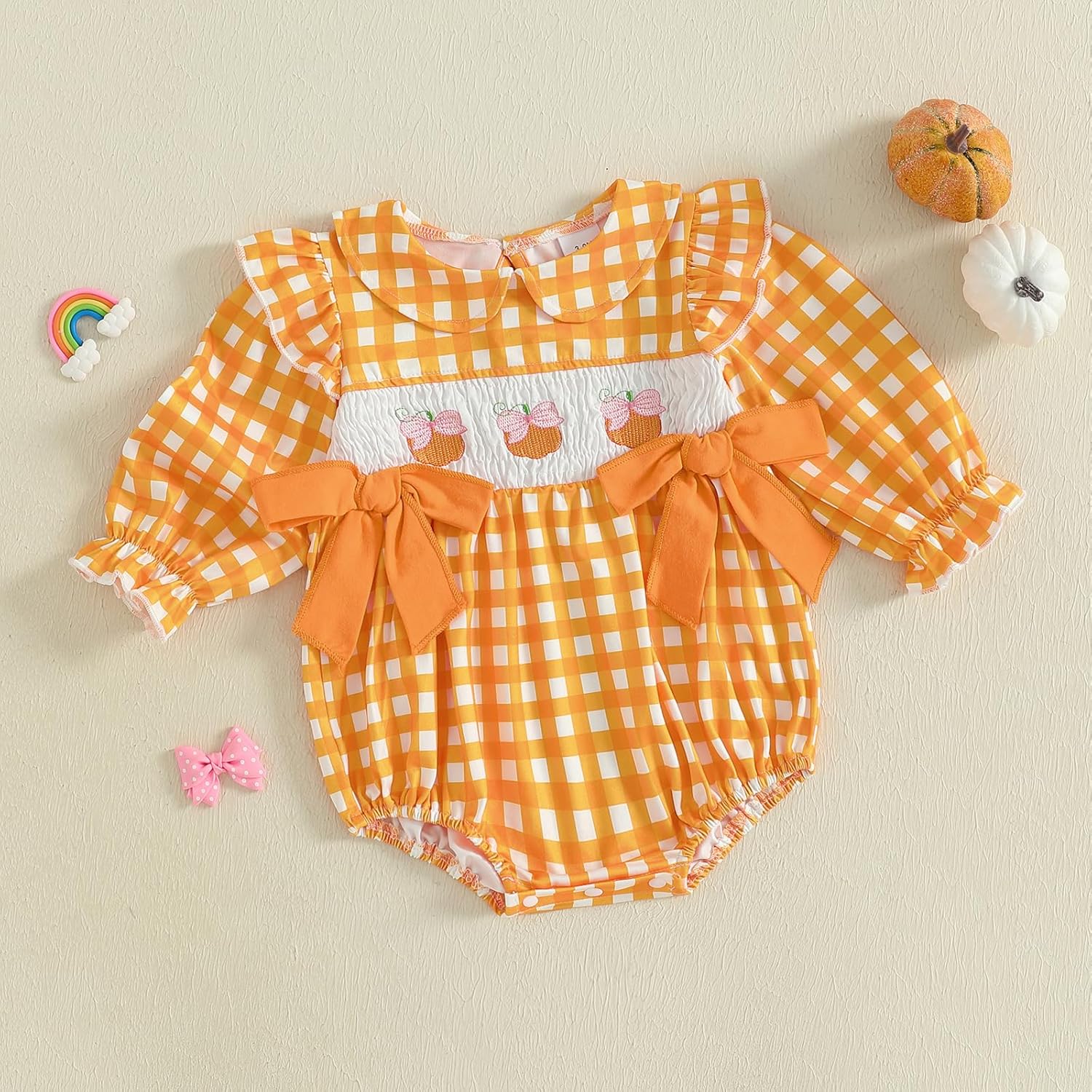 Newborn Baby Girl Halloween Clothes Cute Pumpkin Print Romper Bow Gingham Bodysuit Ruffle Outfit - Image 2