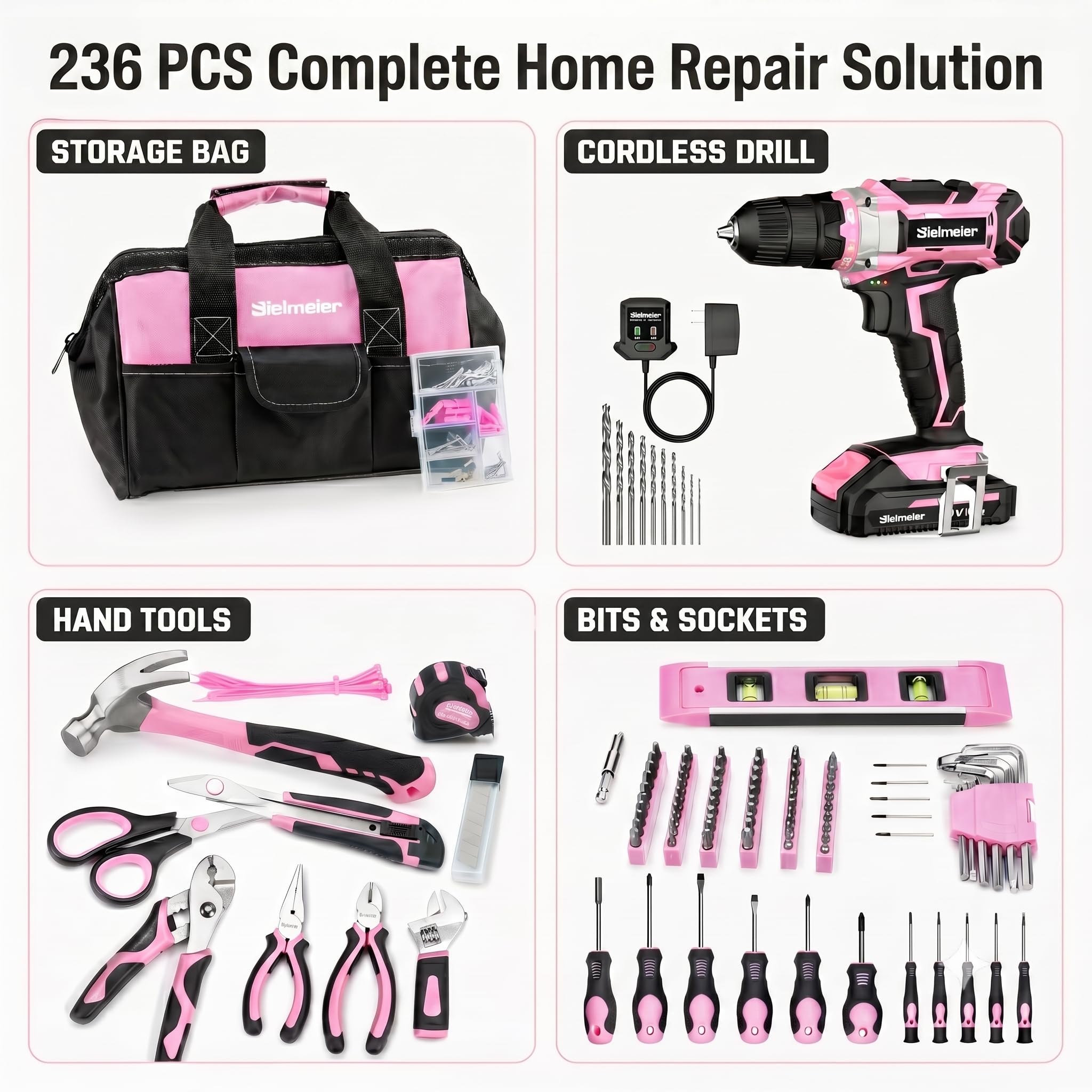 Bielmeier 236Pcs Pink Drill Set - Cordless Power Tool -2