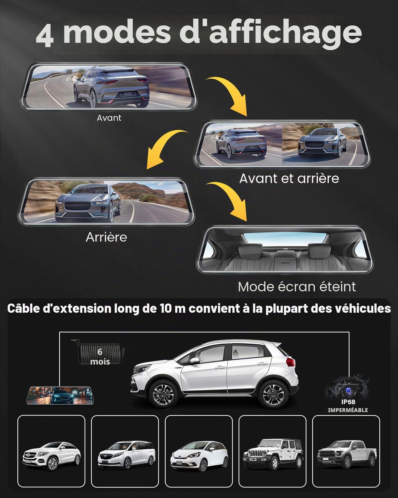 Vtopek 10" Dashcam Voiture Rétroviseur avec Caméra de Recul 1080P pour SUV