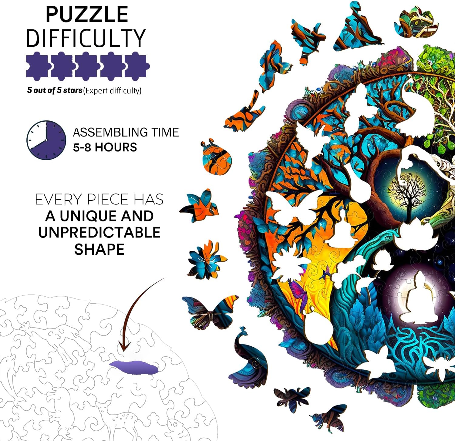 Jigfoxy Wooden Puzzles for Adults, Tree of Life Wooden Jigsaw Puzzles, Unique Zen Shape Puzzles, Christmas Thanksgiving Gifts for Family Friend (XL-20 * 20in-630psc)