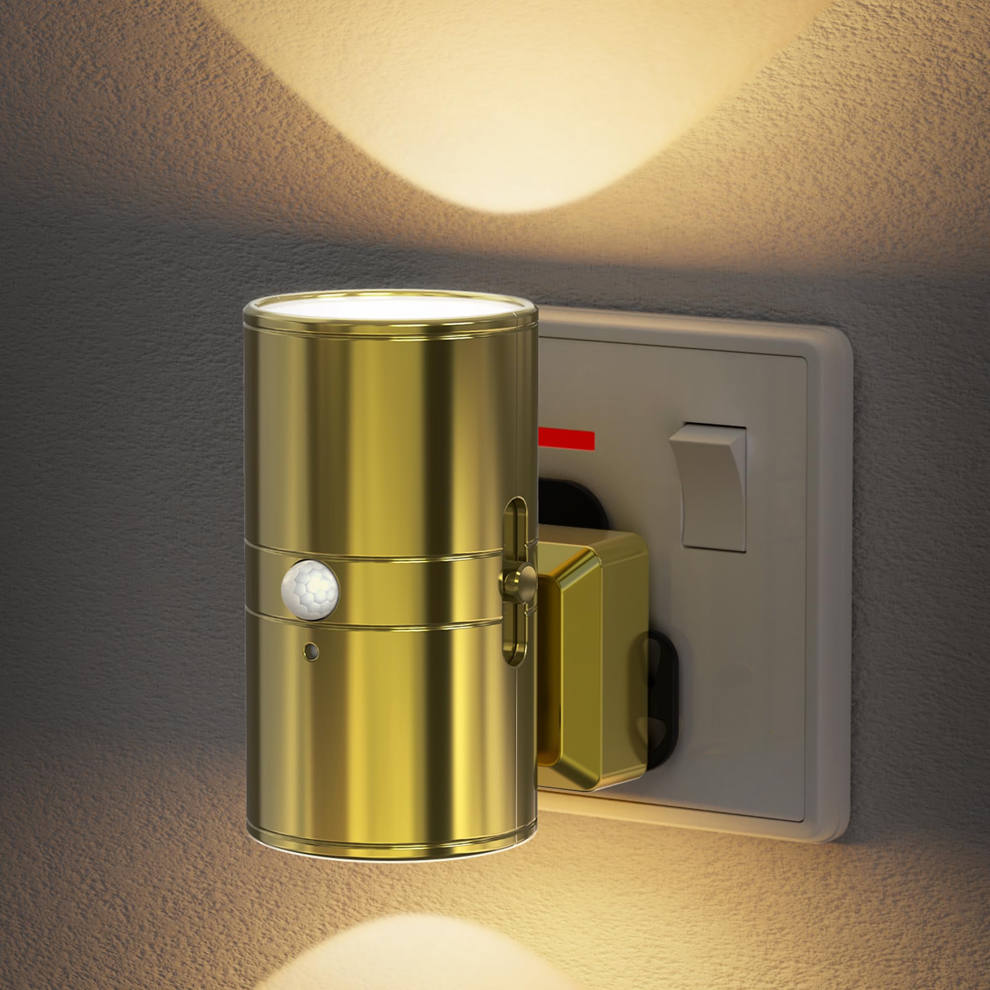 JandCase Night Light Motion Sensor, ON/Off/AUTO, Plug in Night Light for Kids, Dimmable 0-100LM, 3000K Soft White, 1W Low Energy, Gold Plug in Wall Light for Hallway, Bathroom, Bedroom, 1 Pack