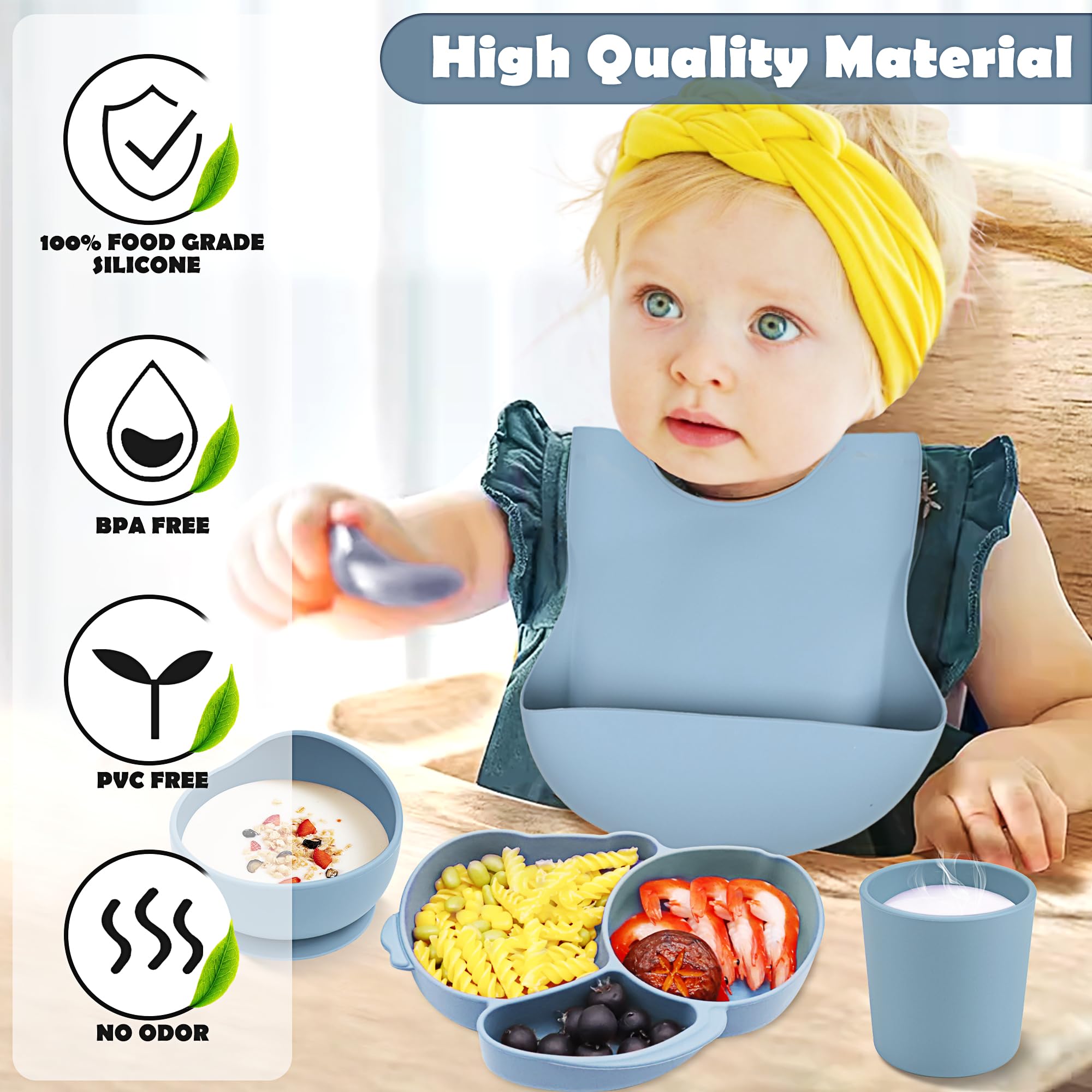 Set Pappa Svezzamento per Bambini 6 Pezzi Set Svezzamento Silicone Piatto con Ventosa Bavaglino Cucchiaio Forchetta Senza Tazza BPA Set Pappa Antiscivolo per Neonato Bimbo, Blu