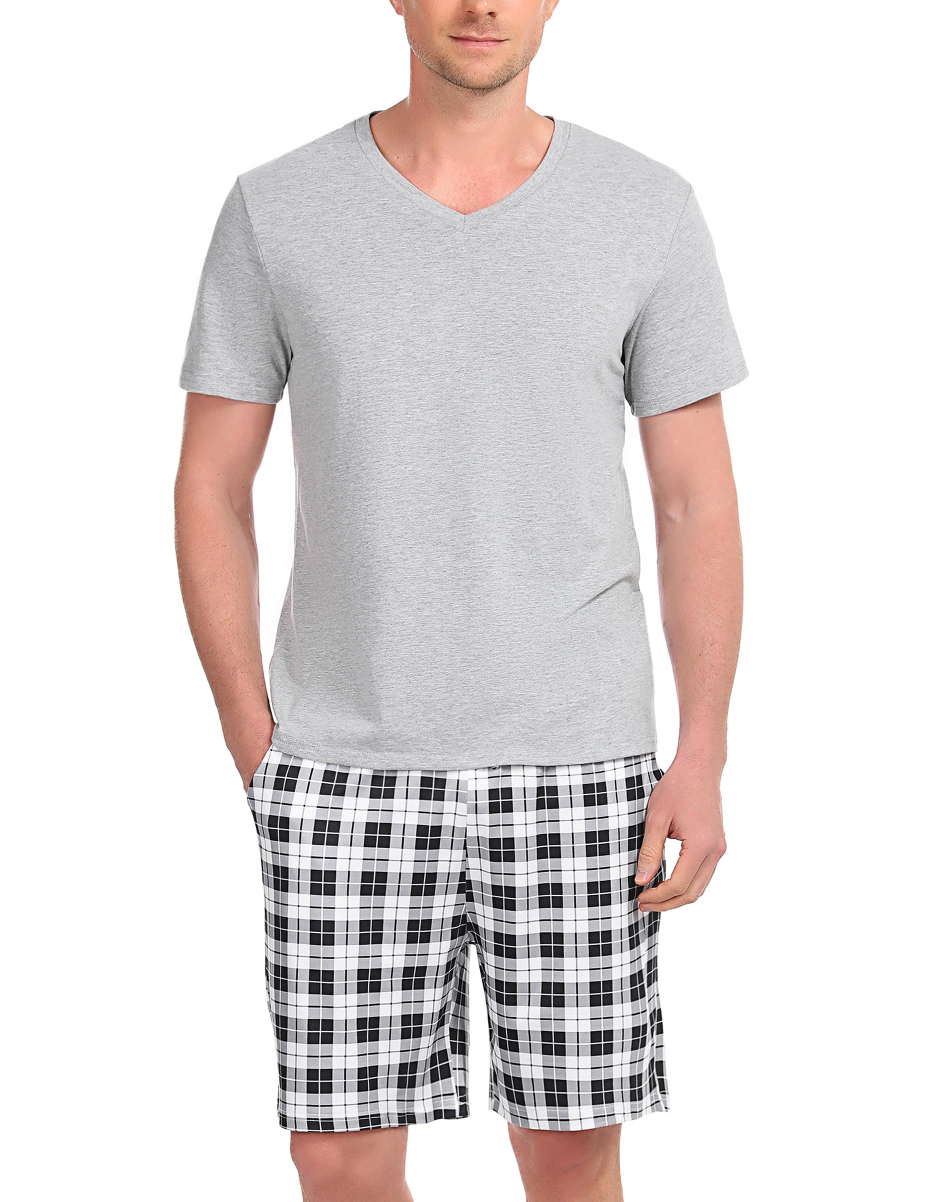 Bresdk Kurzer Herren-Pyjama aus Baumwolle, kurzärmelig, Set aus kurzen Pyjamas, für den Sommer, Hemden und Hosen, weich und bequem