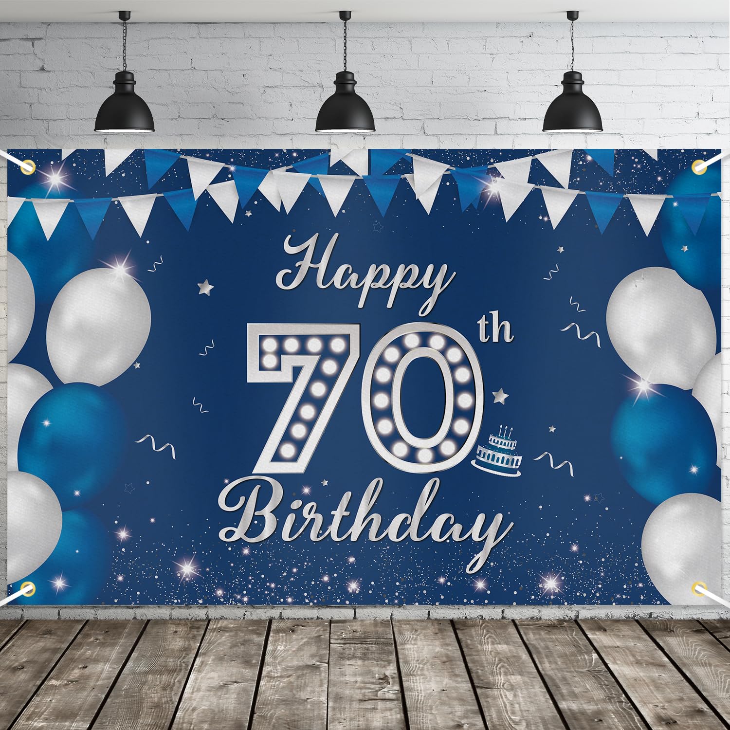 JOYKY Happy 70th Birthday Banner, Blue Silver Happy 70th Birthday Party Decorations for Men Him, 70 Year Old Birthday Supplies Backdrop Décor, 5.9 X