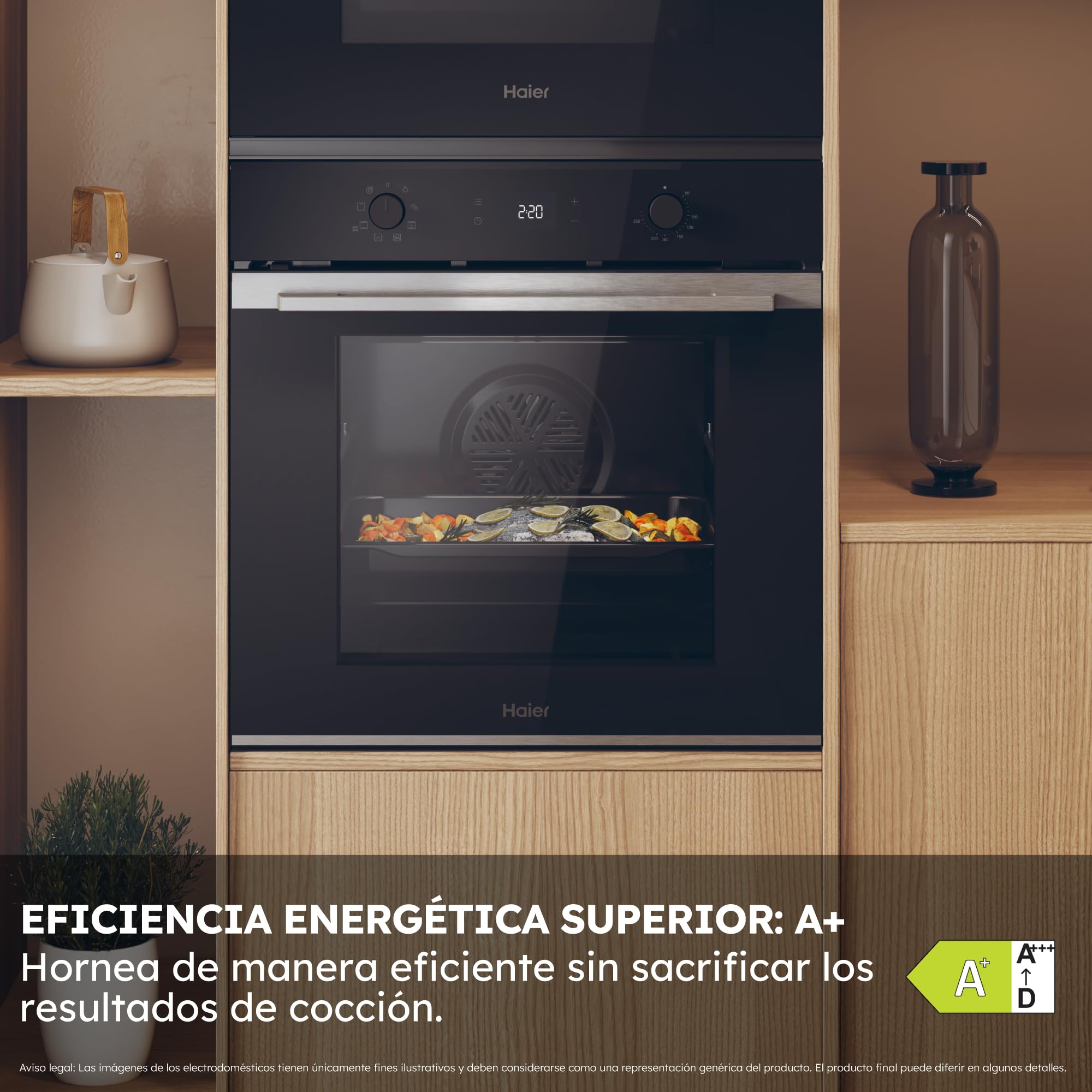 Haier ID Series 2 H6 ID2P3T1HTX - Horno Multifunción Hidrolítico, 78L, Cocción multinivel, 9 Funciones, Display táctil y mandos giratorios, Guía Telescópica, 2 Cristales en puerta, Negro e Inox