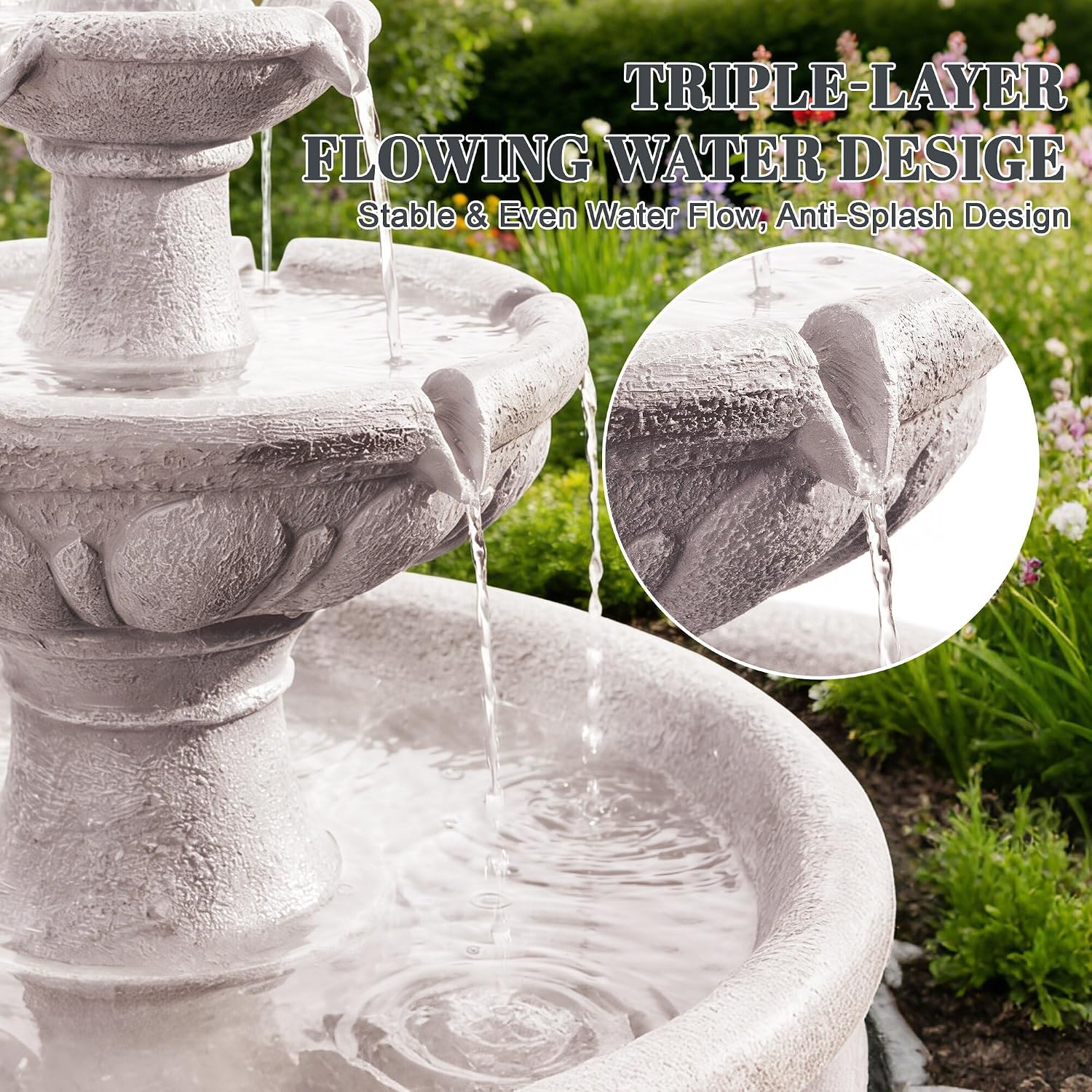 Kluomm 41" 3-Tiers Outdoor Water Fountains, Italian Pineapple Cascading Waterfall Fountain, Weather-Resistant Resin Freestanding Fountain Features for Garden, Patio, Backyard (Beige)