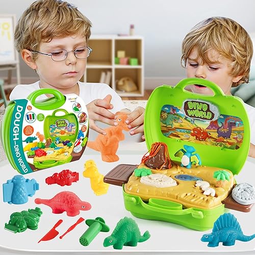 Miniatura 7 de Juegos de masa de dinosaurio de color, 37 piezas con temática de dinosaurio, herramientas de masa de color, accesorios con volcán y fósiles para
