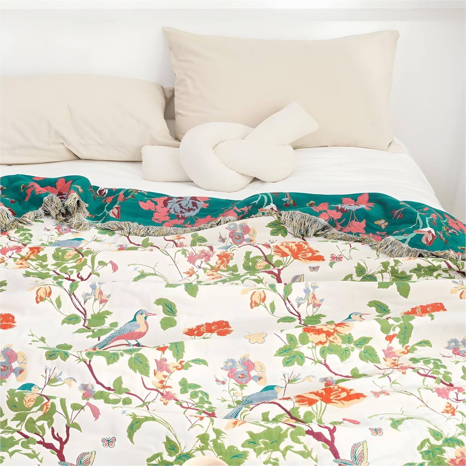 Boho Throw Blanket, 100% Cotton Soft Throw Rustic Quilt, 60"x80" Floral Printed Farmhouse Decor Bed Summer Blankets, All Season Rustic Reversible Bohemian Throw for Bed Peony Blue Bird - Image 4