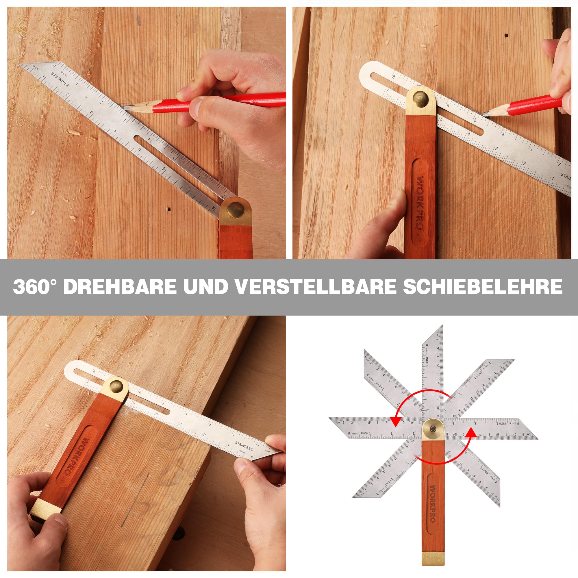 WORKPRO Schreinerwinkel, 2-teilig, Anschlagwinkel, 200 mm, verstellbare Gleitschräge 230 mm, Hartholzgriff, Edelstahlklinge für Handwerker, Holzbearbeitung