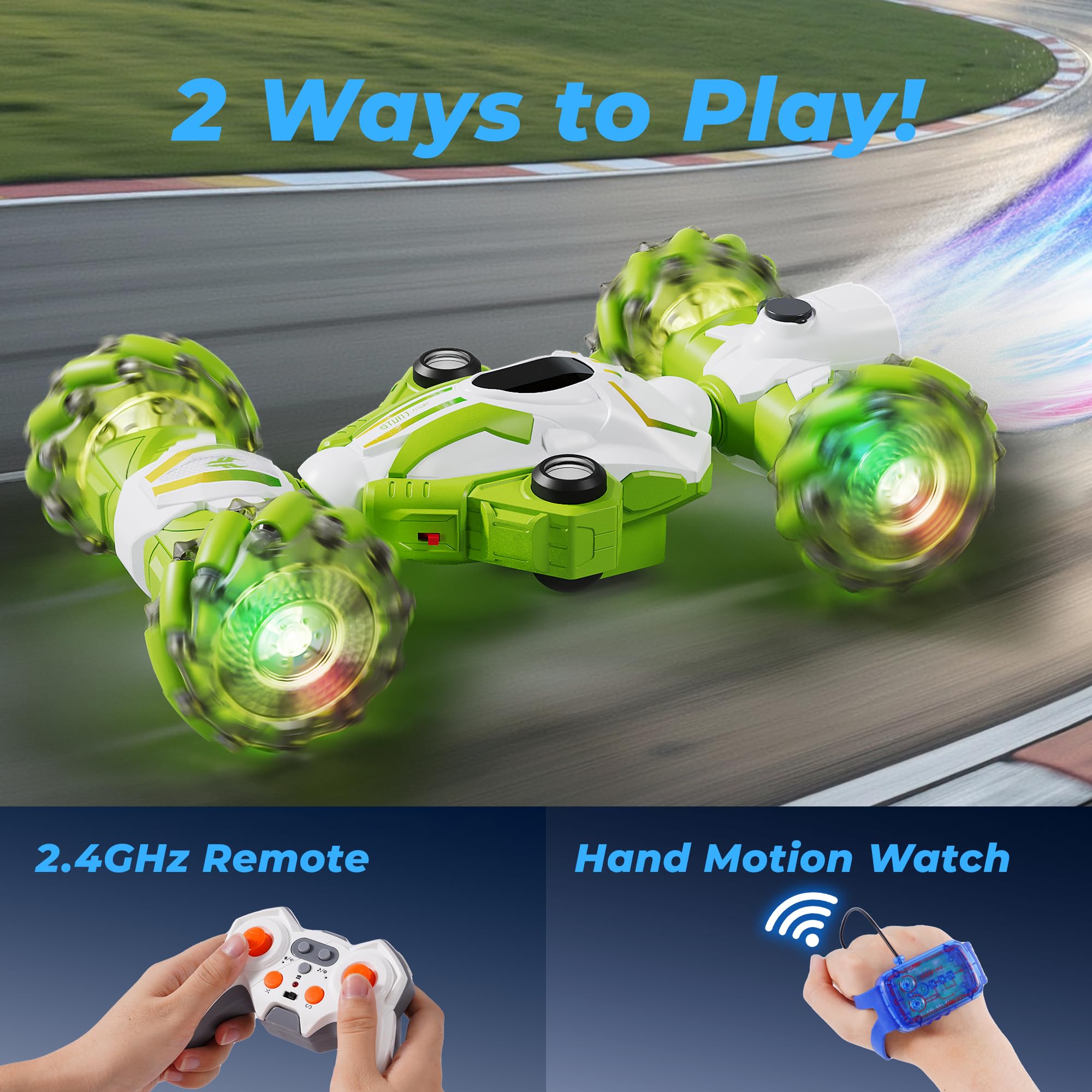 Gesture Sensing RC Stunt Car, [Magic Spray & Projection & Music] Boys Toys 6-8-12 Age, Hand Controlled Remote Control Car, Cool Birthday Presents Ideas Gifts for 6/7/8/9/10/11/12 Years Old Kids, Green