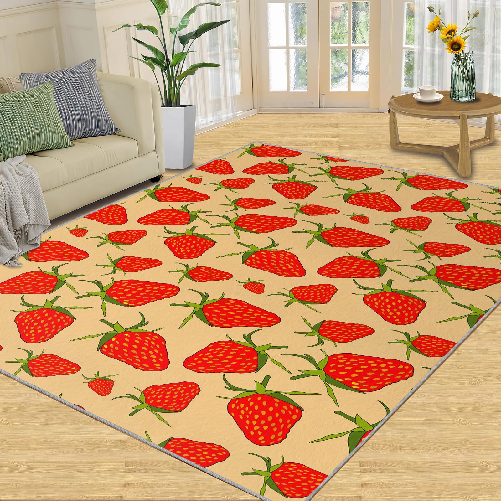 QDJKBL Area Rug 100 X 150 Cm Red Strawberry Fruit, 3D Orange Background Children'S Carpet Rugs for Bedroom, Non-Slip Carpet Lightweight and Low Profile for Dining Room