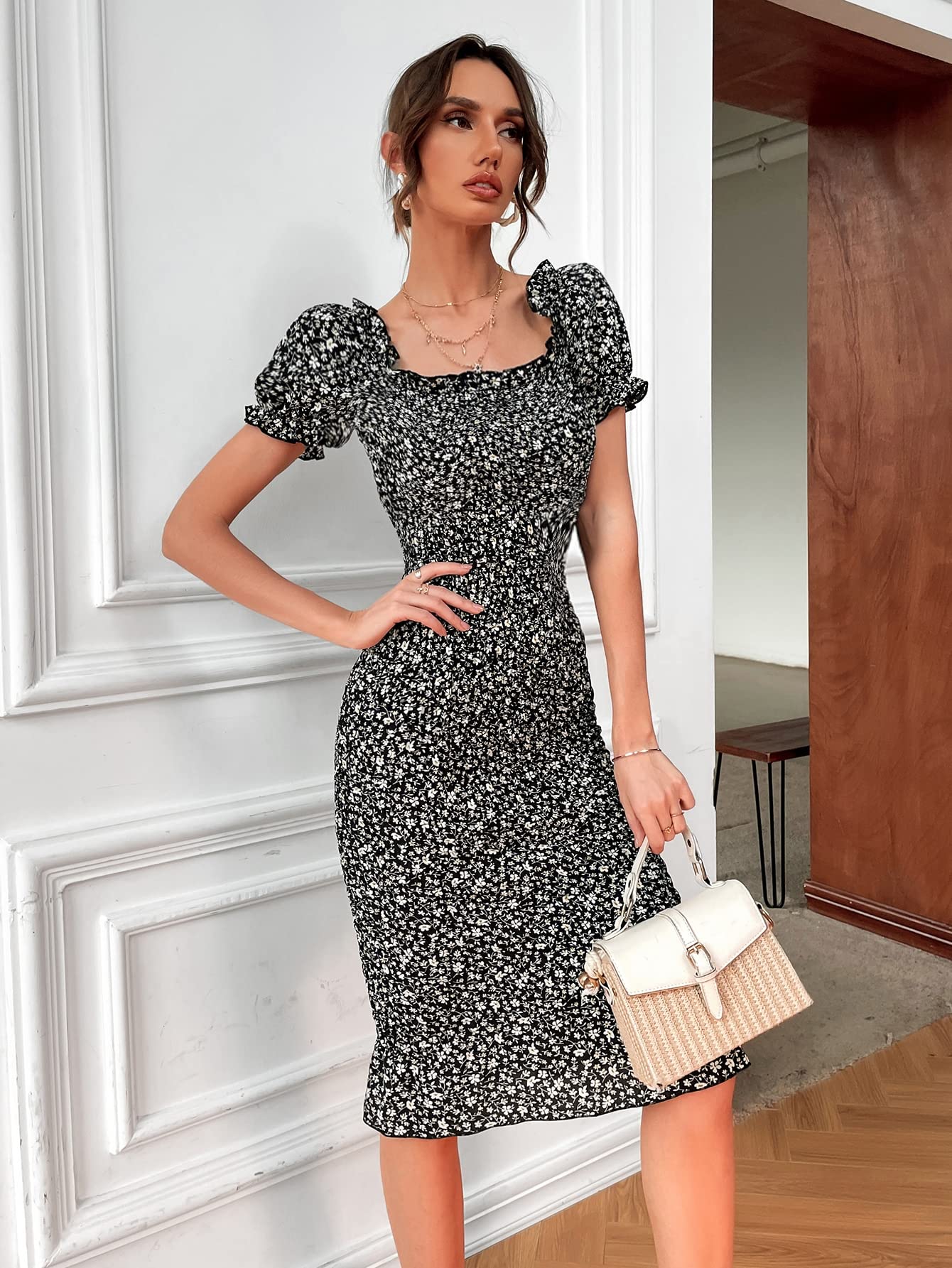 Women's Dresses Floral Puff Sleeve Shirred Bodycon Dress Dress for Women(Black,Large) : Clothing, Shoes & Jewelry