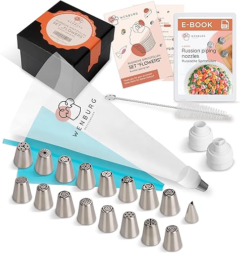 Wenburg Juego de puntas de tuberías rusas, 43 piezas 16 puntas de flores grandes para decoración de pasteles, puntas de hojas, acopladores, bolsas