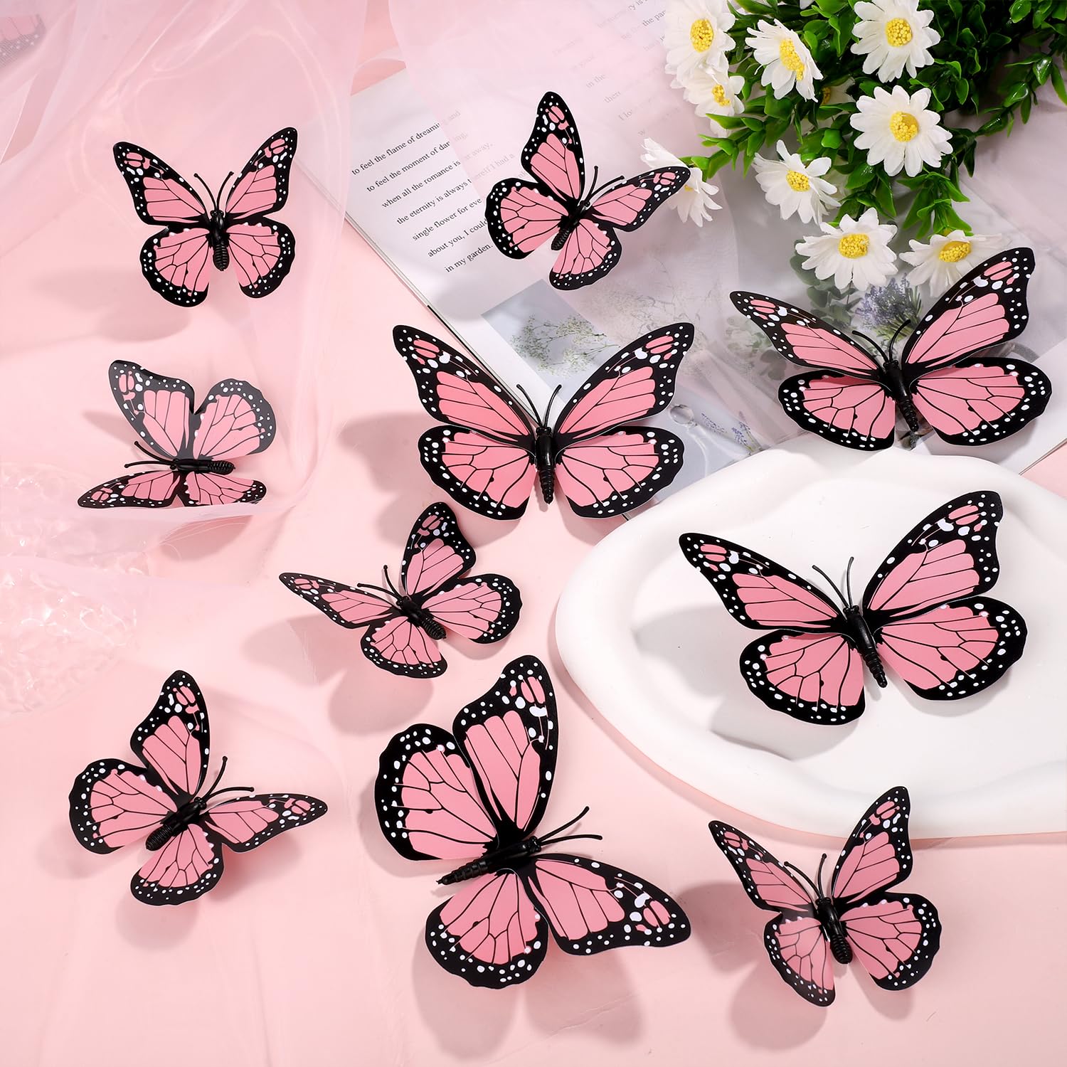 24 Szt. Magnesy Motyl Monarcha, Sztuczny Dekoracje, Naklejki Scienne 3D Motyl Naklejka do Rzemiosla Sciany Domu Wystroju Sztuki Lodówki Halloween Urodzin Imprezy (Rózowy)