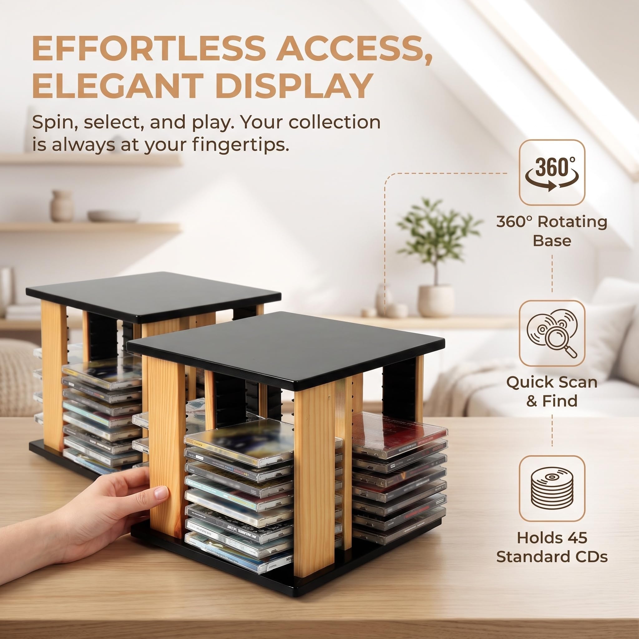 Porta CD da Scrivania, Porta CD Girevole, Ripiano in Legno per CD con capacità Fino A 45 Custodie, Organizer per CD per Home Theater E Collezionisti Musicali.