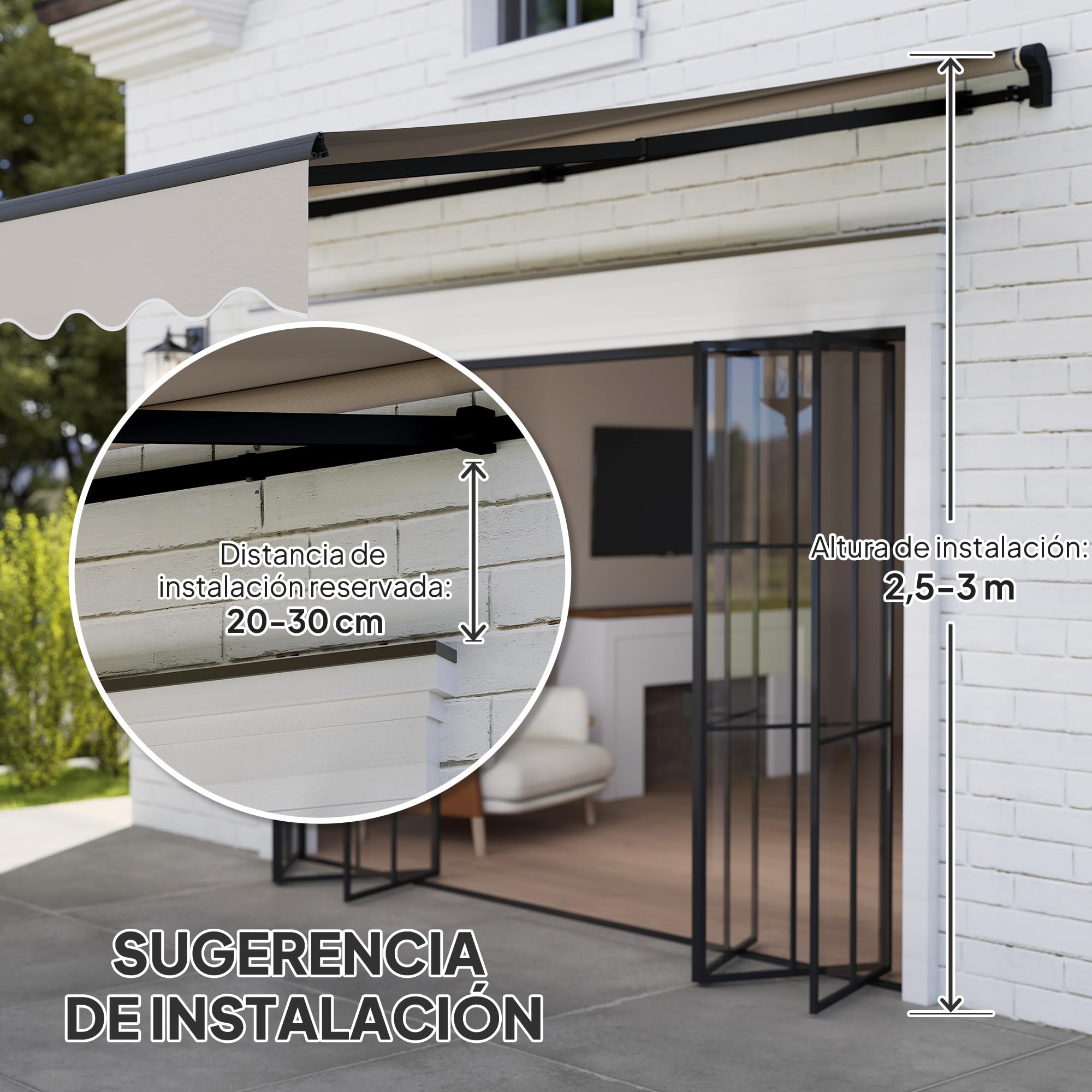 Outsunny Toldo Manual Retráctil 360x220 cm con Manivela de Aluminio Crema | 3 Brazos, Protección UV30+, Toldo Enrollable de Exterior, para Jardín Terraza Ventanas