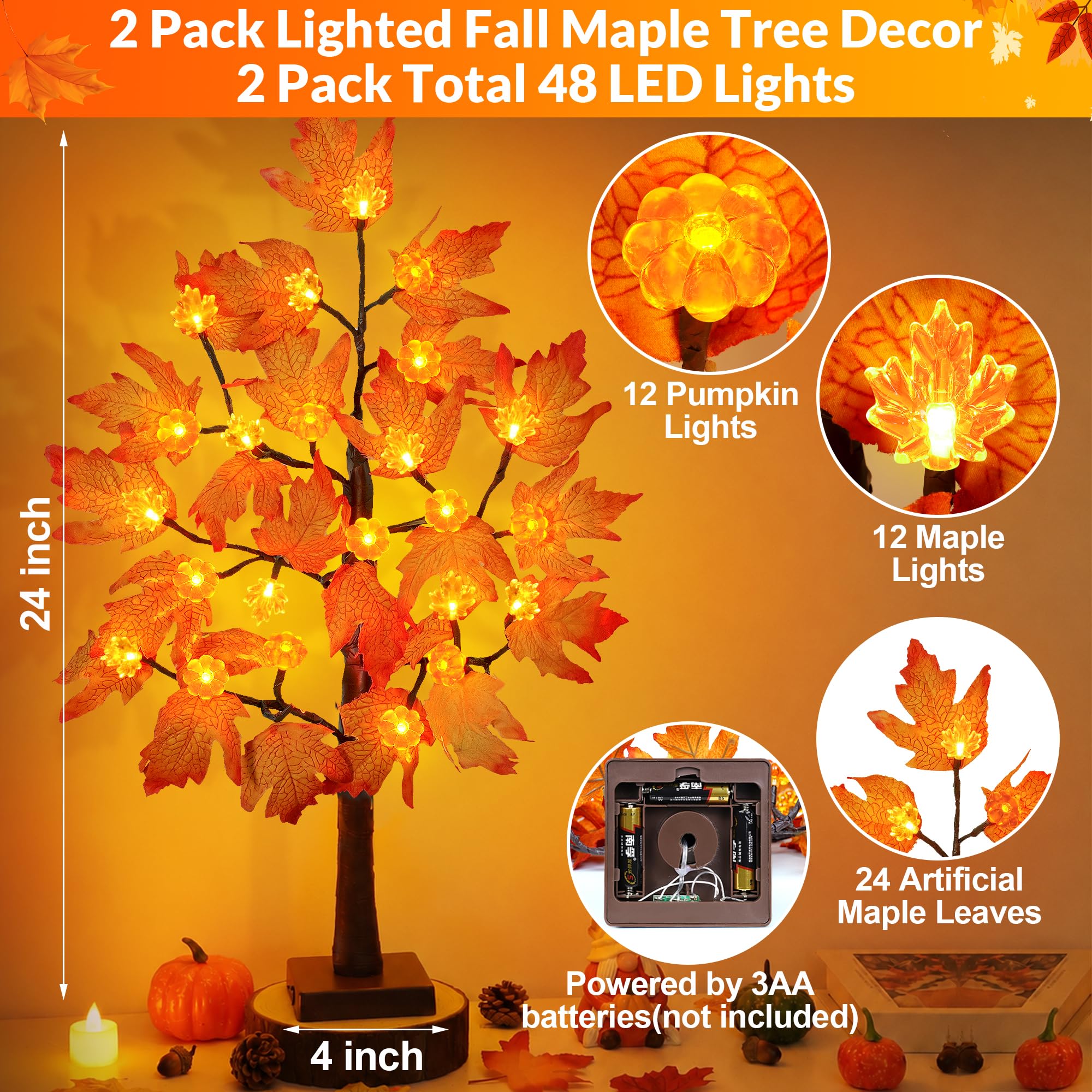 [Timer] Confezione da 2 decorazioni autunnali per albero di acero autunnale del Ringraziamento con 48 luci a LED, albero autunnale da 61 cm con acero di zucca illuminato, decorazioni per la tavola