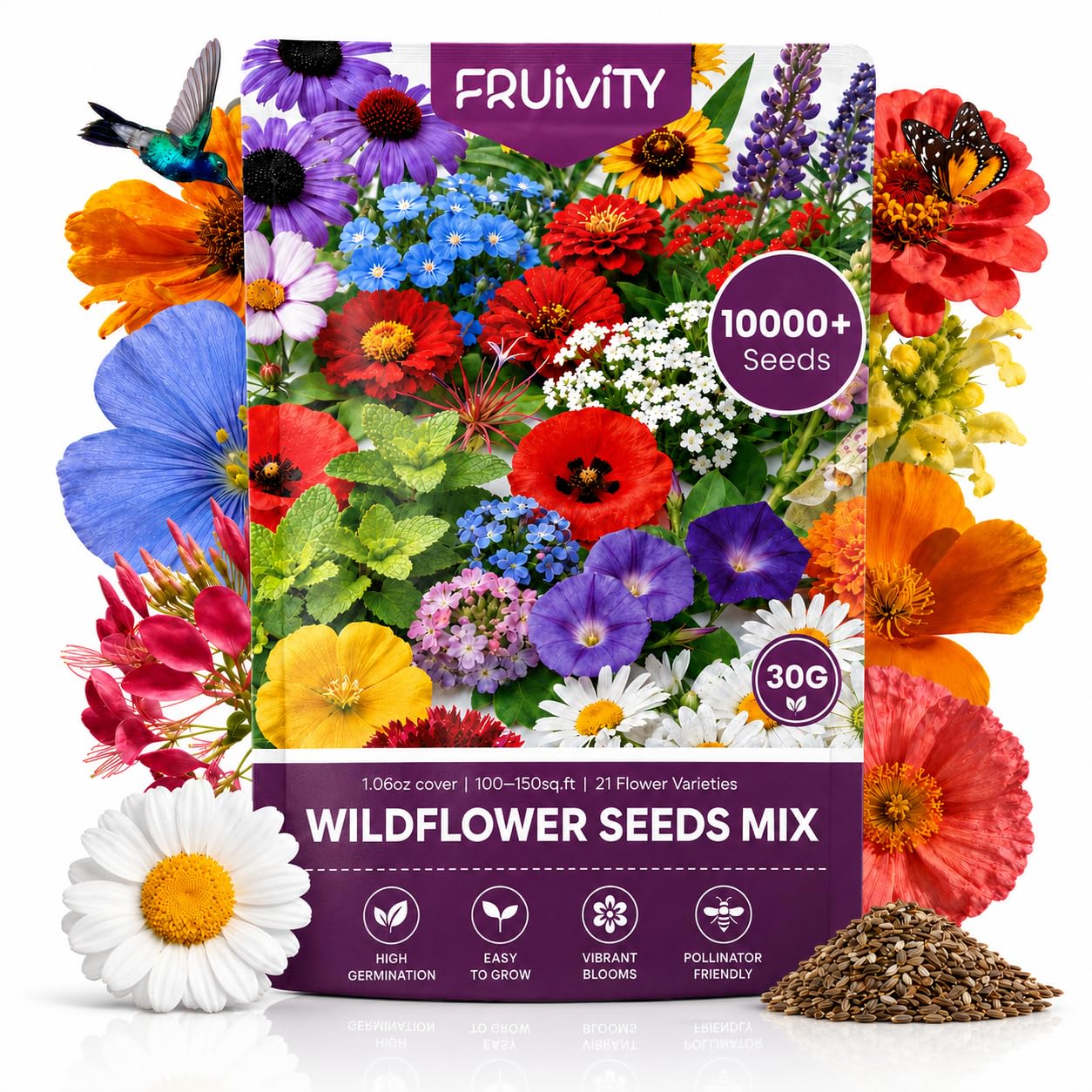 Wildflower Seeds Bulk 10000+, 1.06oz Butterfly Hummingbird Mix, 21 Variety Perennial Annual Mix, Heirloom Flower Seeds for Planting Outdoor Indoor, High Germination Rate Garden Seeds