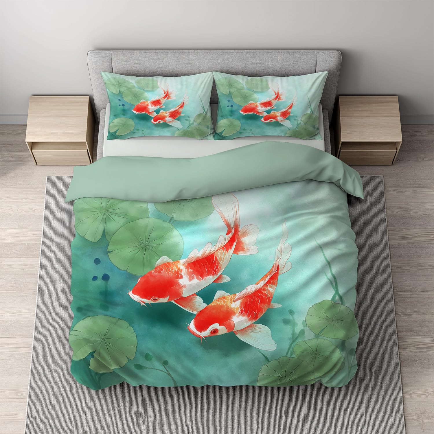 Poszwa na kołdrę Zima Zwierzęta - 220 x 240 cm - Dwustronna miękka miętowa mikrofibra - 2 poszewki na poduszki w zestawie - Pościel Atrament Koi - Poszwa na kołdrę z mikrofibry