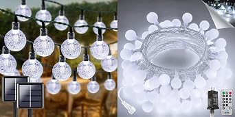 2-Pack 100 LED 64FT Crystal Globe Solar Lights Outdoor with 8 Lighting Modes for Easter Christmas Decor and 100LED Connectable String Lights Indoor Outdoor with Remote & Timer, Plug in 8 Modes