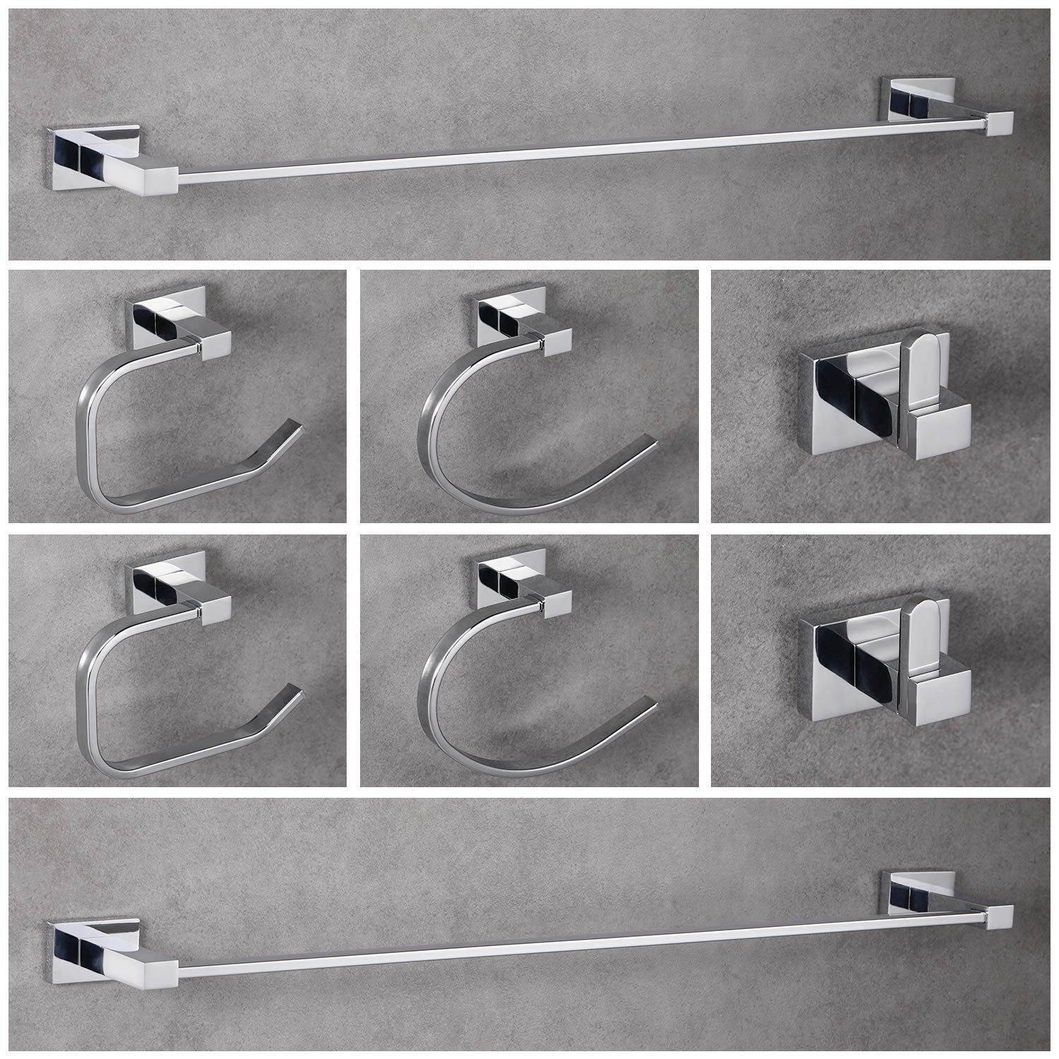 LUCKUP Bathroom Hardware Set Polished Chrome Bath Accessories Wall Mounted Square Towel Bar Set SUS304 Stainless Steel, 8 Piece
