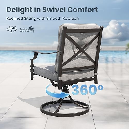 Miniatura 3 de PHI VILLA Juego de comedor al aire libre de 7 piezas para 6, mesa de comedor rectangular de acero negro con sillas fijas y giratorias de hierro,