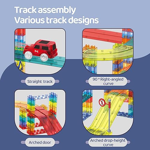 Miniatura 2 de Azulejos magnéticos de mármol Run Car Race Track Set STEM Engineering Slot Cars en pistas flexibles de coche, 63 piezas de bloques de construcción