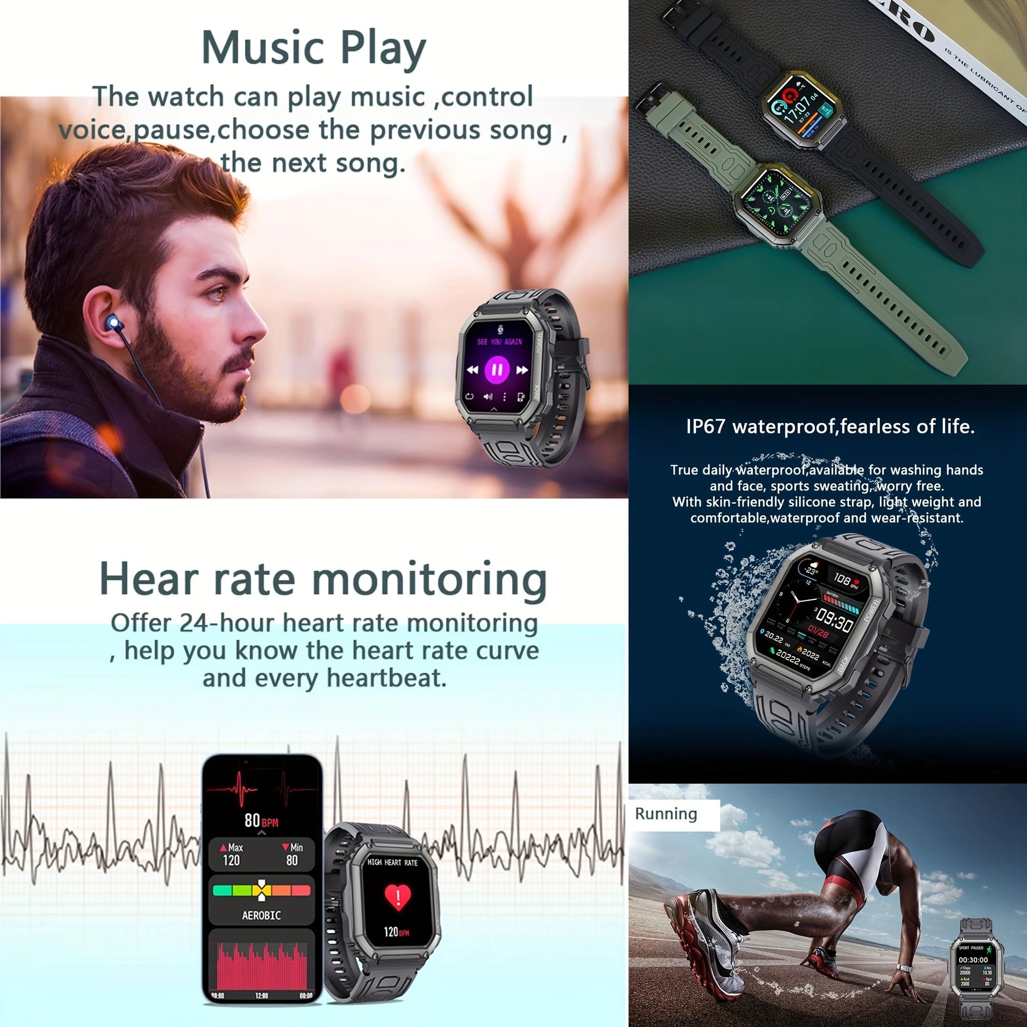 1,8" AMOLED Reloj Inteligente Hombre con Llamada y Whatsapp,Batería de 320 mah, 5ATM Impermeable Reloj Smartwatch 123 Deportivo Hombre con Monitor Sueño, Pulsómetro Android iOS (Camuflaje verde)