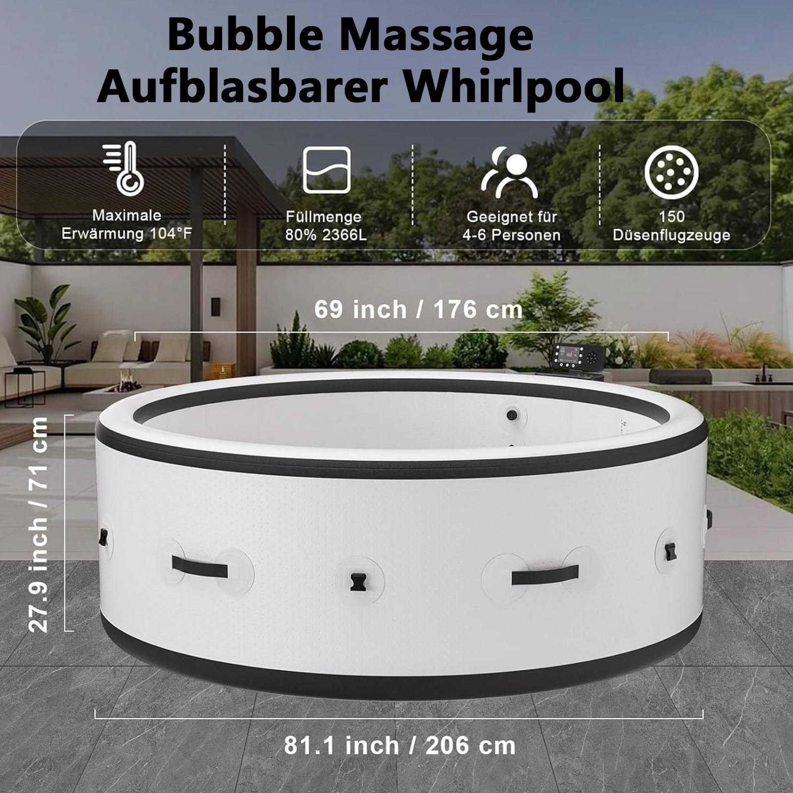 Vasca Idromassaggio Gonfiabile per 2-6 Persone con 180 Getti Bolle,Set per Spa Portatile da Esterno con Riscaldatore,Pompa,Filtro E Copertura Isolata,per Patio,Giardino,Esterno 81x28in