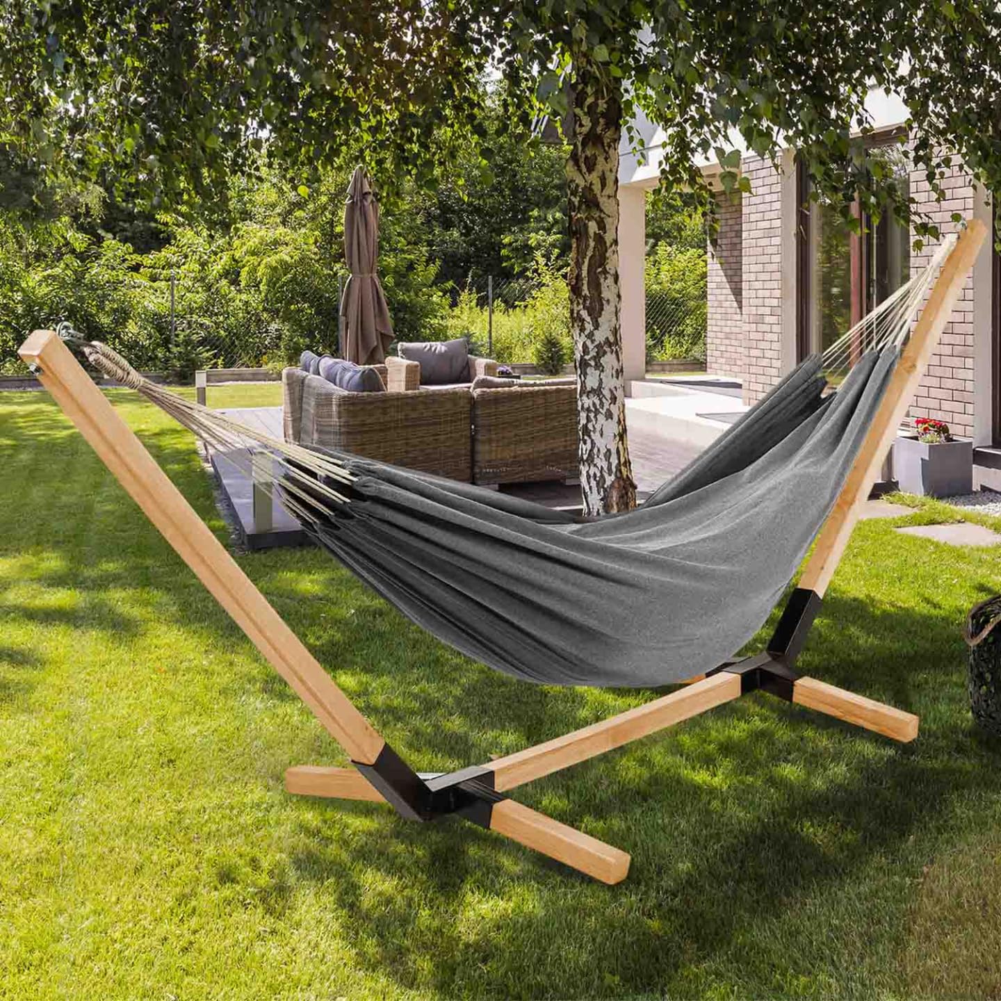 IDMarket - Hamac avec Support Bois et Toile Gris Anthracite Tahiti