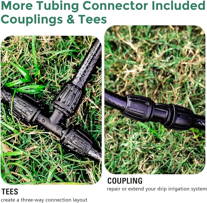 The 1/2" drip irrigation tube is designed for maximum durability and flexibility, with an inner diameter of 13mm and outer diameter of 16mm. This extra thick tube (3mm) offers double explosion-proof protection to prevent leaks or bursts caused by sudden pressure changes. Included with the tube are 1/2" drip irrigation fittings such as straight couplings and 3-way connectors, making it easy to connect and expand your irrigation system.