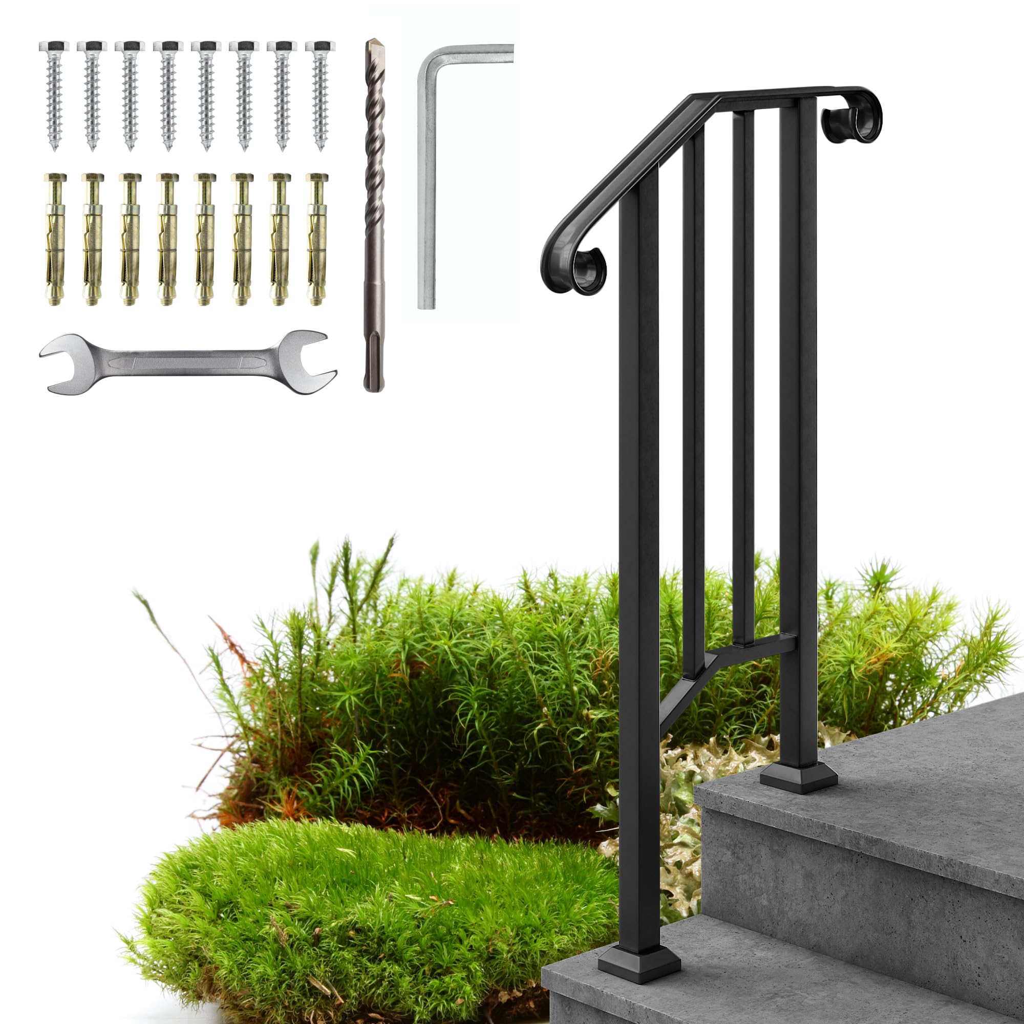 Metty Metal Hand Rails for Outdoor Steps- 1 to 5 Step Wrought Iron Stair Railing Indoor Set - Powder Coated Black Finish Hand Rails for Indoor Stairs, Exterior Steps, Porch Railing, DIY Installation