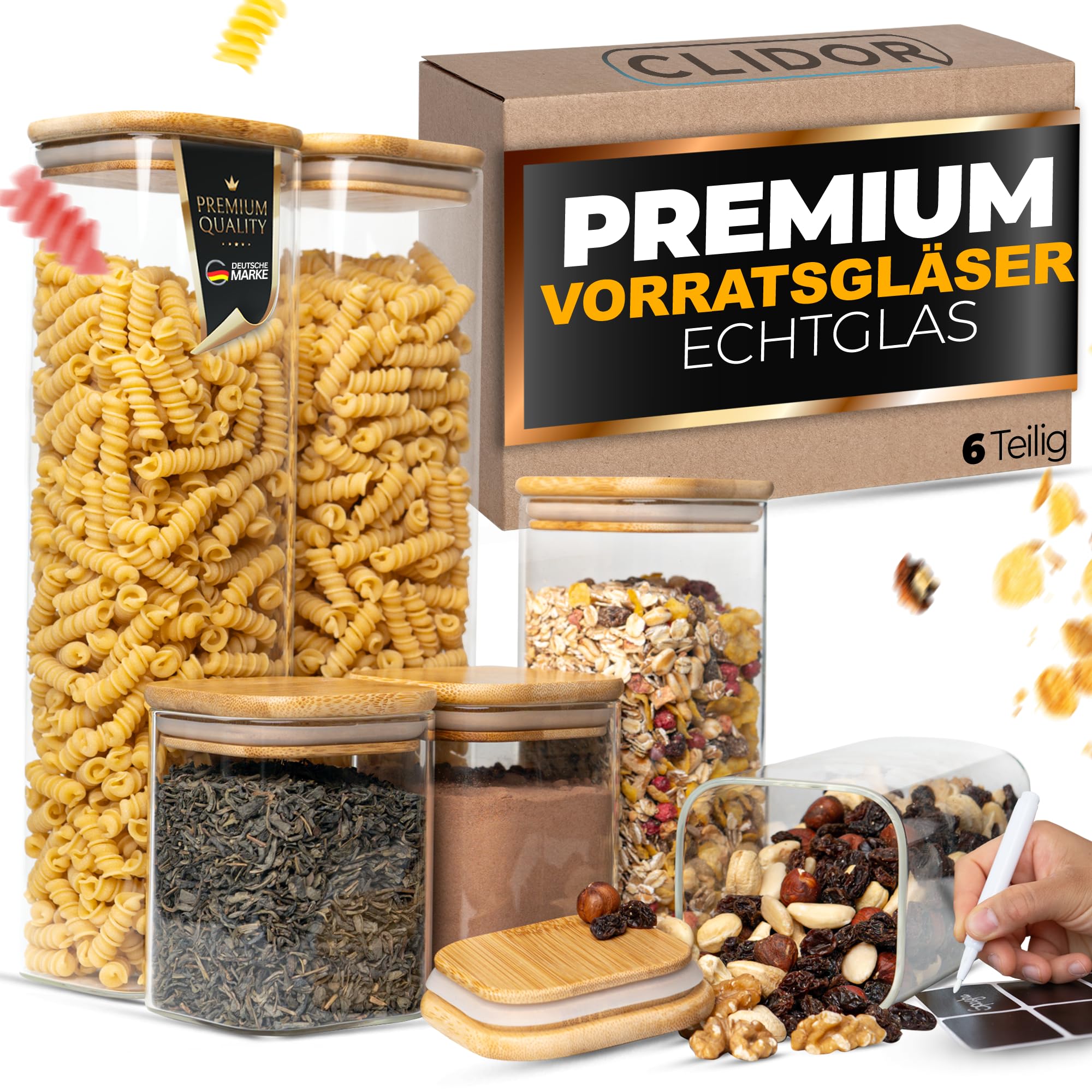 CLIDOR Vorratsgläser mit Deckel, Eckig - 6er Set - 5,6L Vol., Erhöhte Glasstärke, Vorratsdosen mit Deckel luftdicht, Aufbewahrungsbox Küche für alle Lebensmittel, Glasbehälter, Küchen Organizer
