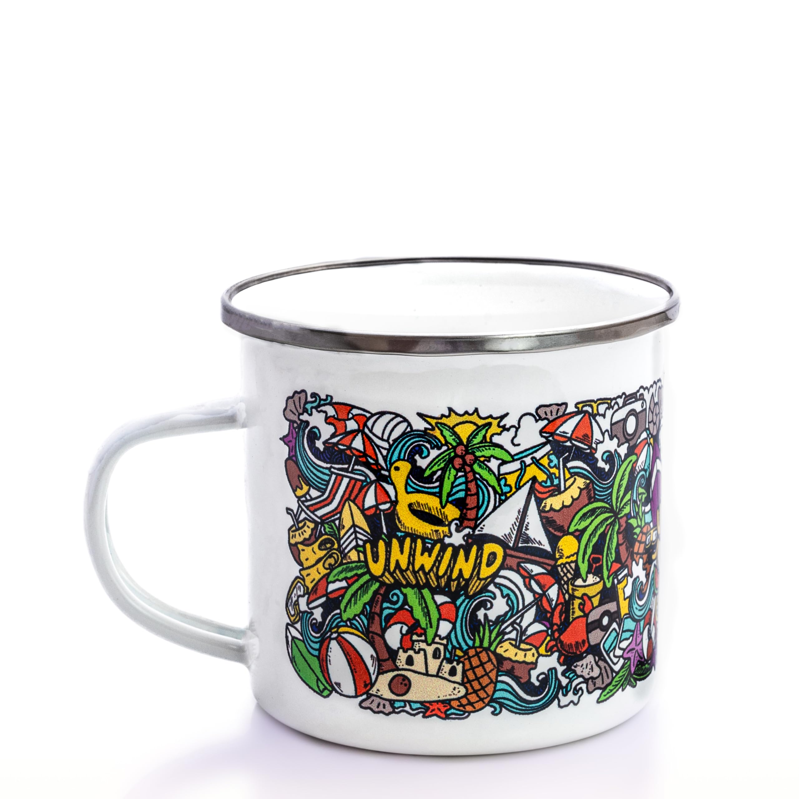 Plazy Enamel Mug - Durable, Unbreakable Coffee Mug with a Unique All-Round Design, Ideal Camping Accessory for Outdoor Enthusiasts - 325ml - Pack of 1 - (Beach Life)