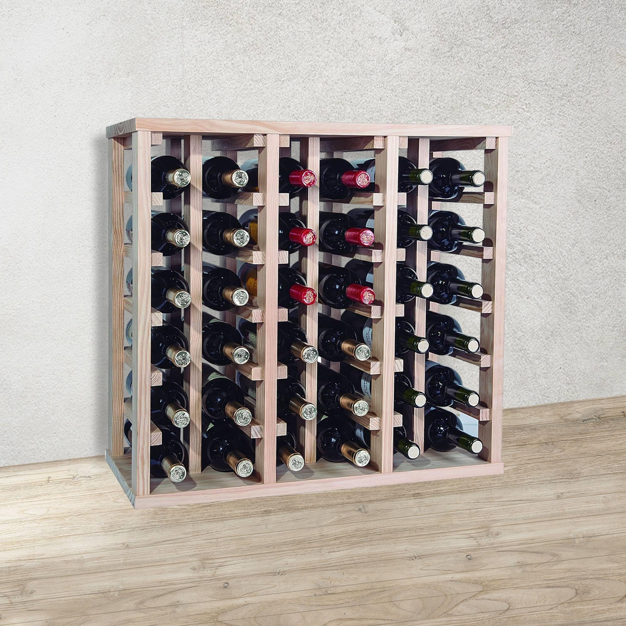 WELL HOME MOBILIARIO & DECORACIÓN Portabottiglie in Legno di Pino con 36 Ripiani Senza VERNICIATURA H.66cm, 66 cm (ancho) x31,5cm (Fondo) x61cm (Alto)