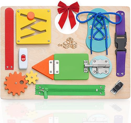 Vista 19 de deMoca Tabla sensorial de actividades para niños pequeños, tablero de madera de primera calidad para niños de 1, 2, 3 años con 10 actividades