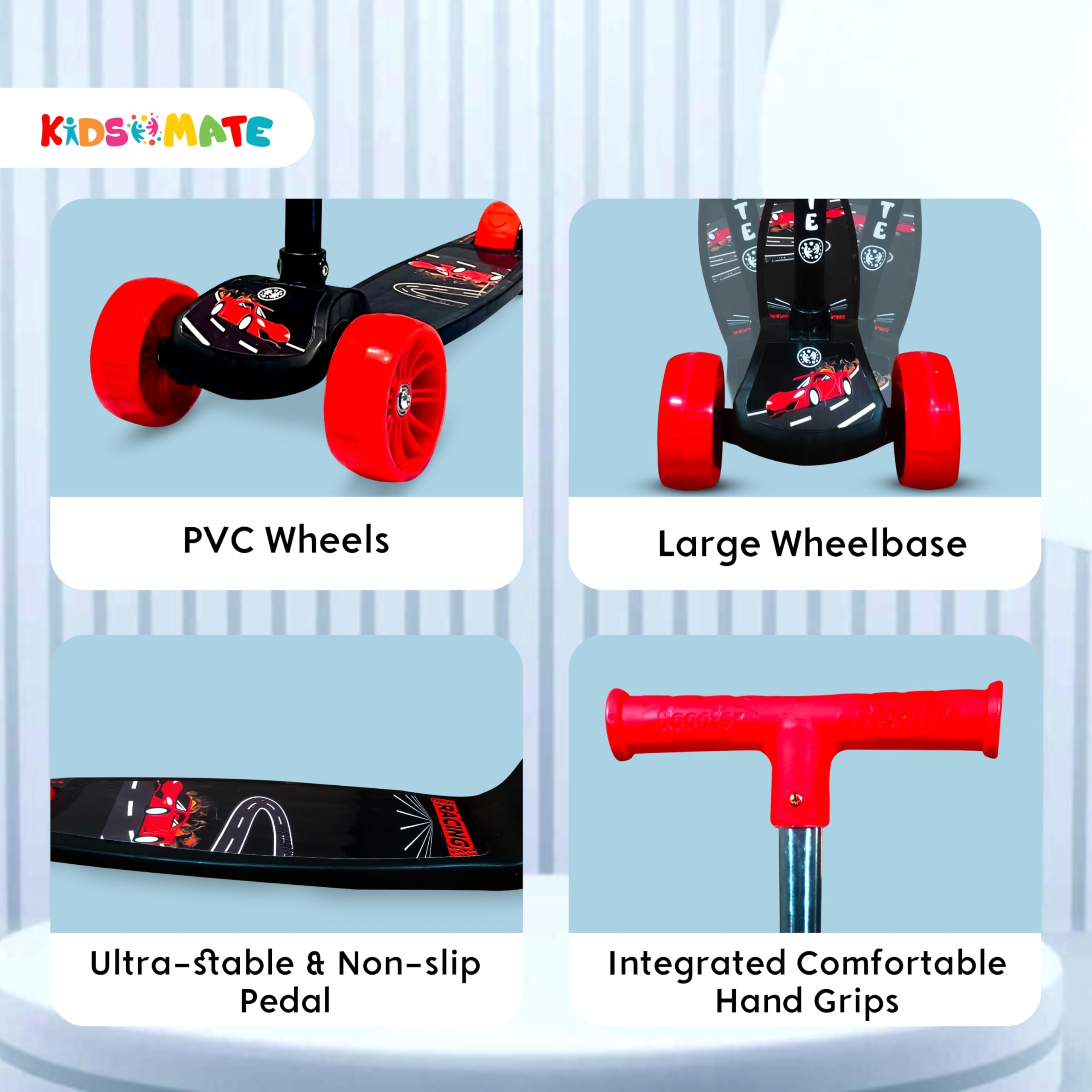 Kidsmate Cruiser Kick Scooter for Kids with Broad Wheels | 3-Wheel Skate Scooter for Boys & Girls of Ages 2-12 Years | Level Adjustable Height, and Easy Fold Design Scooter for Kids (Black) 3
