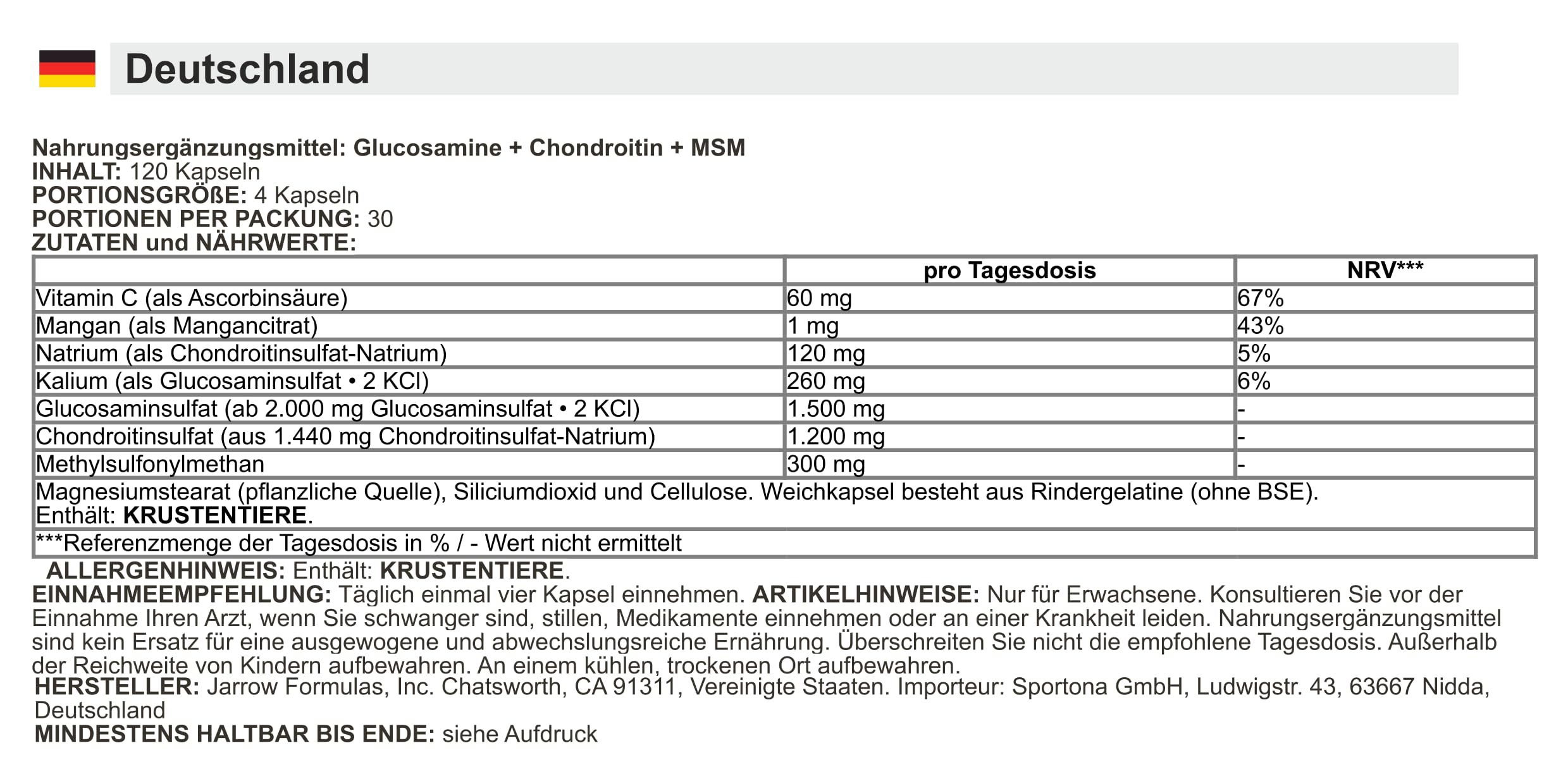 Jarrow Formulas - Glucosamin + Chondroitin + MSM | Gelenkunterstützung - 120 Kapseln