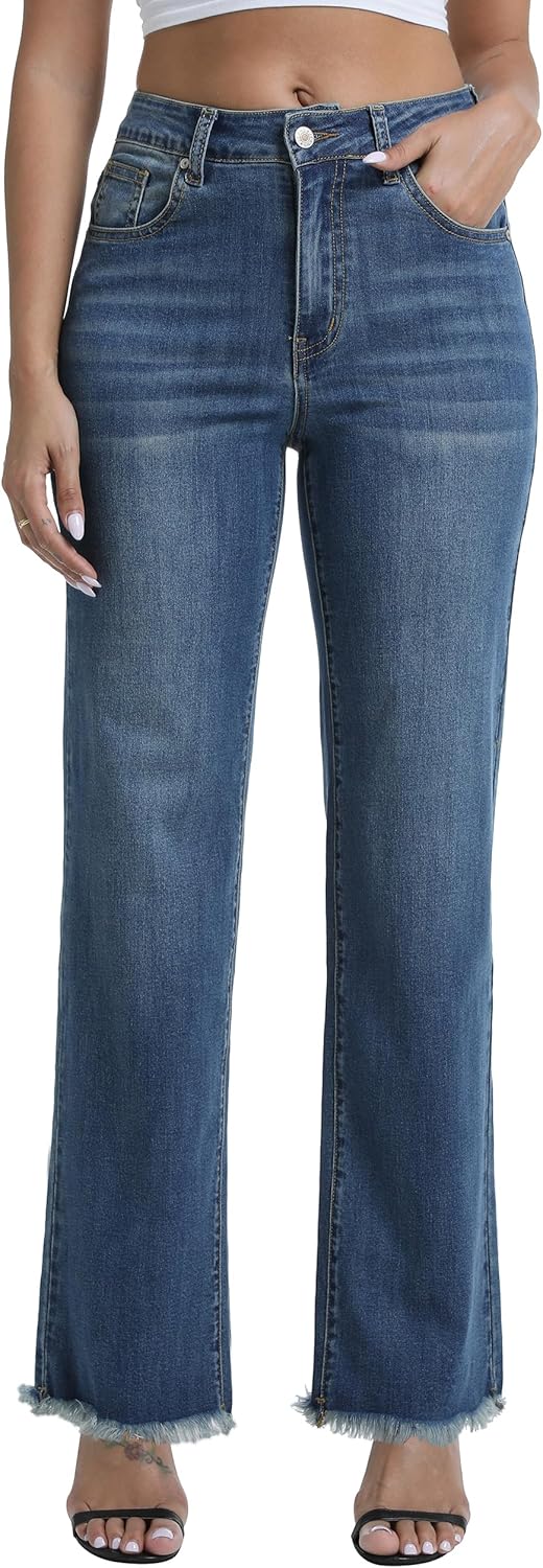 Straight Leg Jeans for Women Trendy High Waisted Stretchy Raw Hem Loose Denim Pants