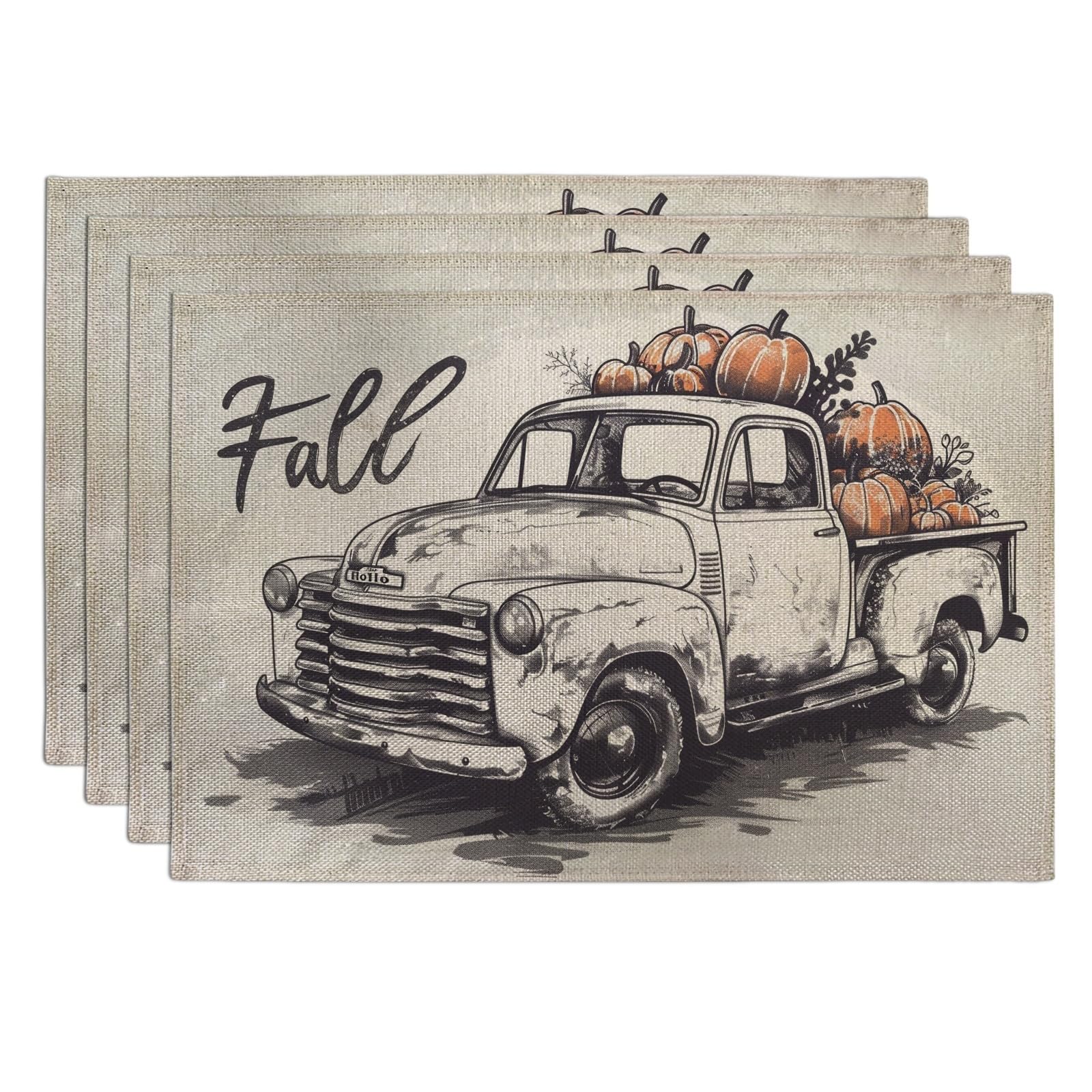 Fall Vintage Truck Placemats, Beige Rustic Pumpkin Place mats for Dining Table, Non-Slip Washable Indoor Outdoor Festive Decorative Placemat Set of 4