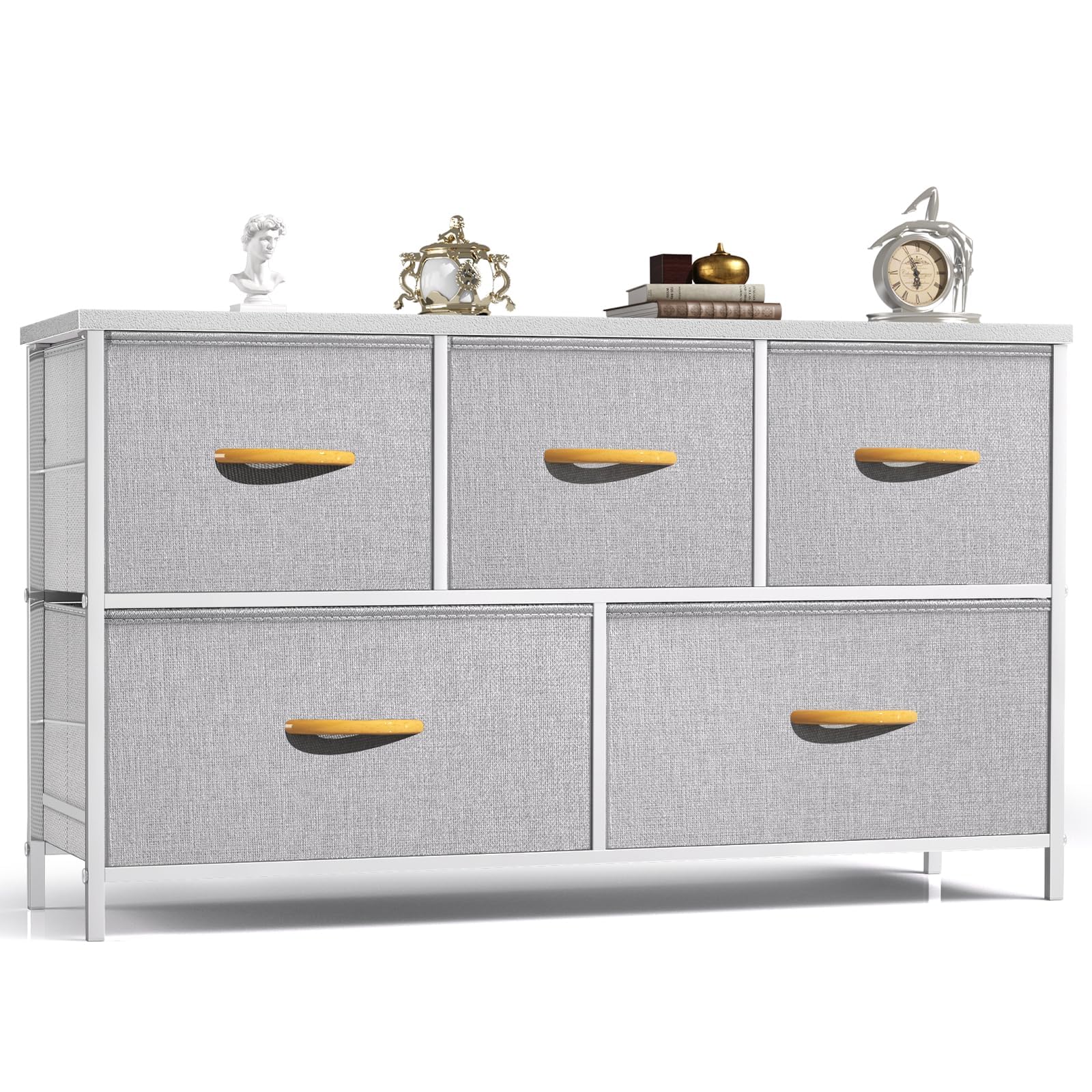 ROMOON Dresser for Bedroom, Wide Closet Dresser with 5 Drawer, Small Fabric Dresser & Chests of Drawers for Kids Bedroom, Closet, Living Room, Hallway. (Grey)