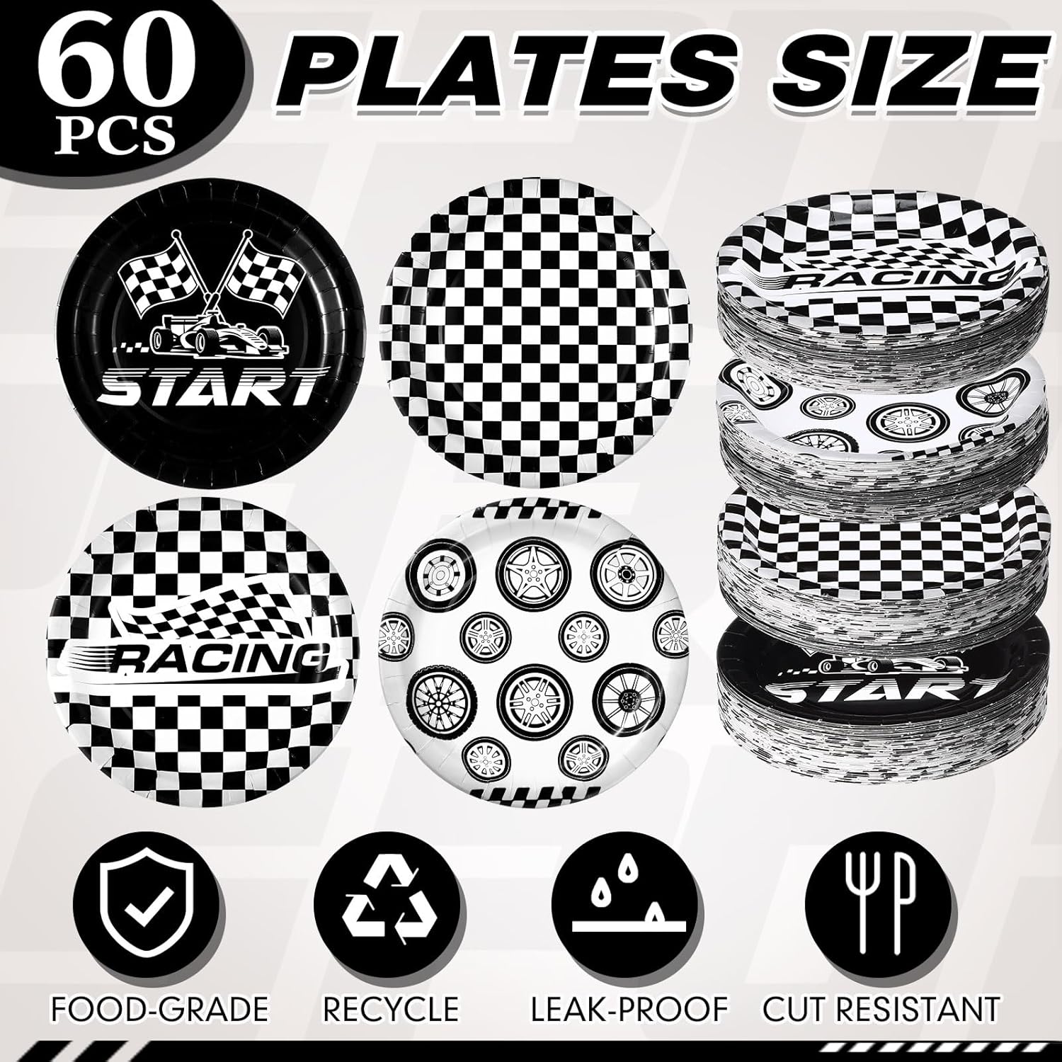 60 Pcs Race Car Birthday Paper Plates 9 Inch Checkered Flag Disposable Plates Racing Themed Dessert Dinnerware for Kids Boys Birthday Baby Shower Home Party Decorations, 4 Style - Image 3