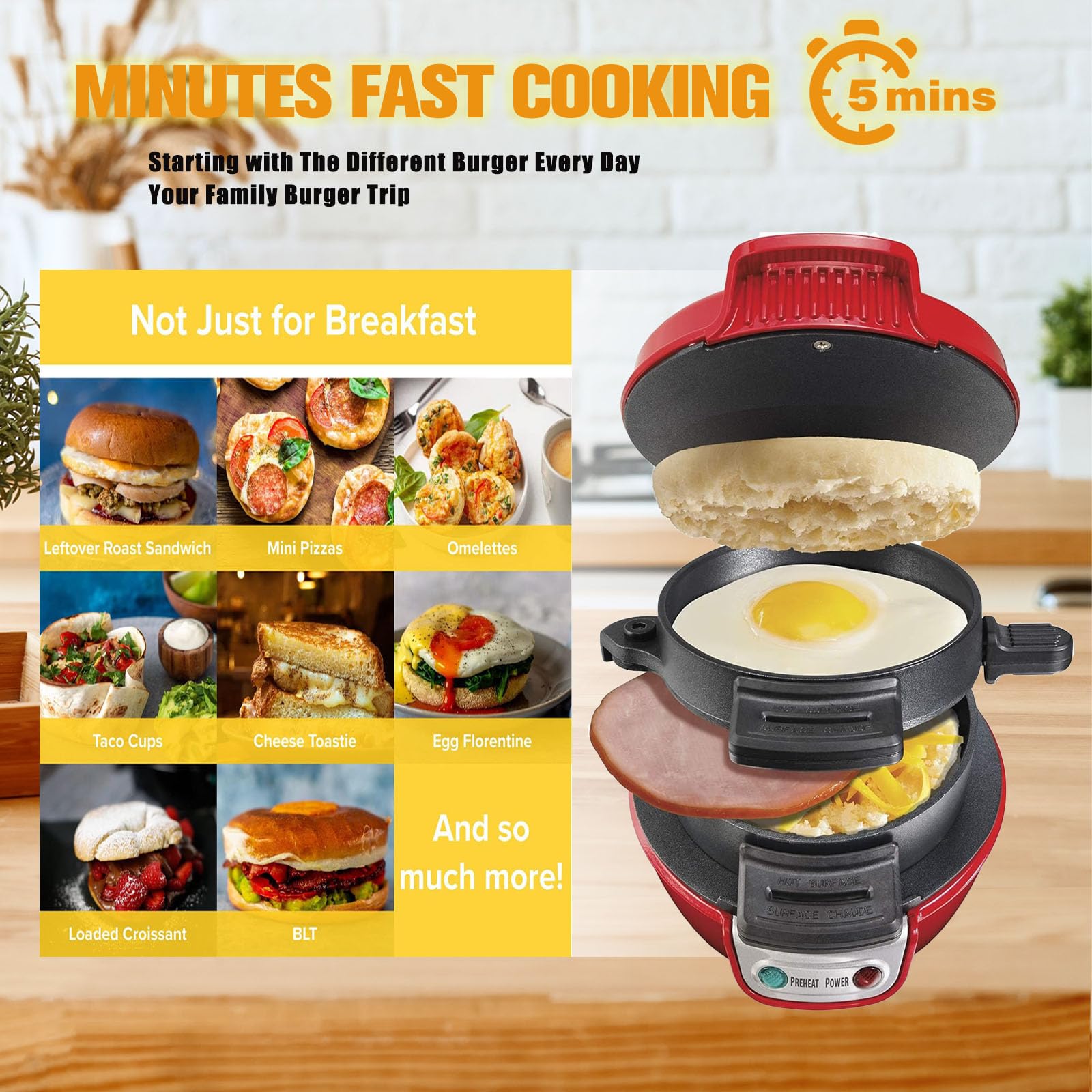 Appareils à Sandwiches, Grill Sandwich/Hamburger, Avec Compte à Rebours Numérique, Lave-vaisselle, Parfait Pour Les Hamburgers, Collations, Petit-déjeuner Rapide (Rouge)